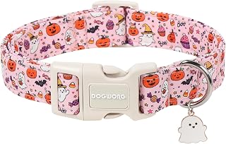 DOGWONG Pink Halloween Ghost Girl Dog Collar for Medium Large Dogs L | Handmade Cute Girl Puppy Doggy Collar, Quick Release Buckle, Autumn Outdoor Adventure, Harvest Festival, Hiking