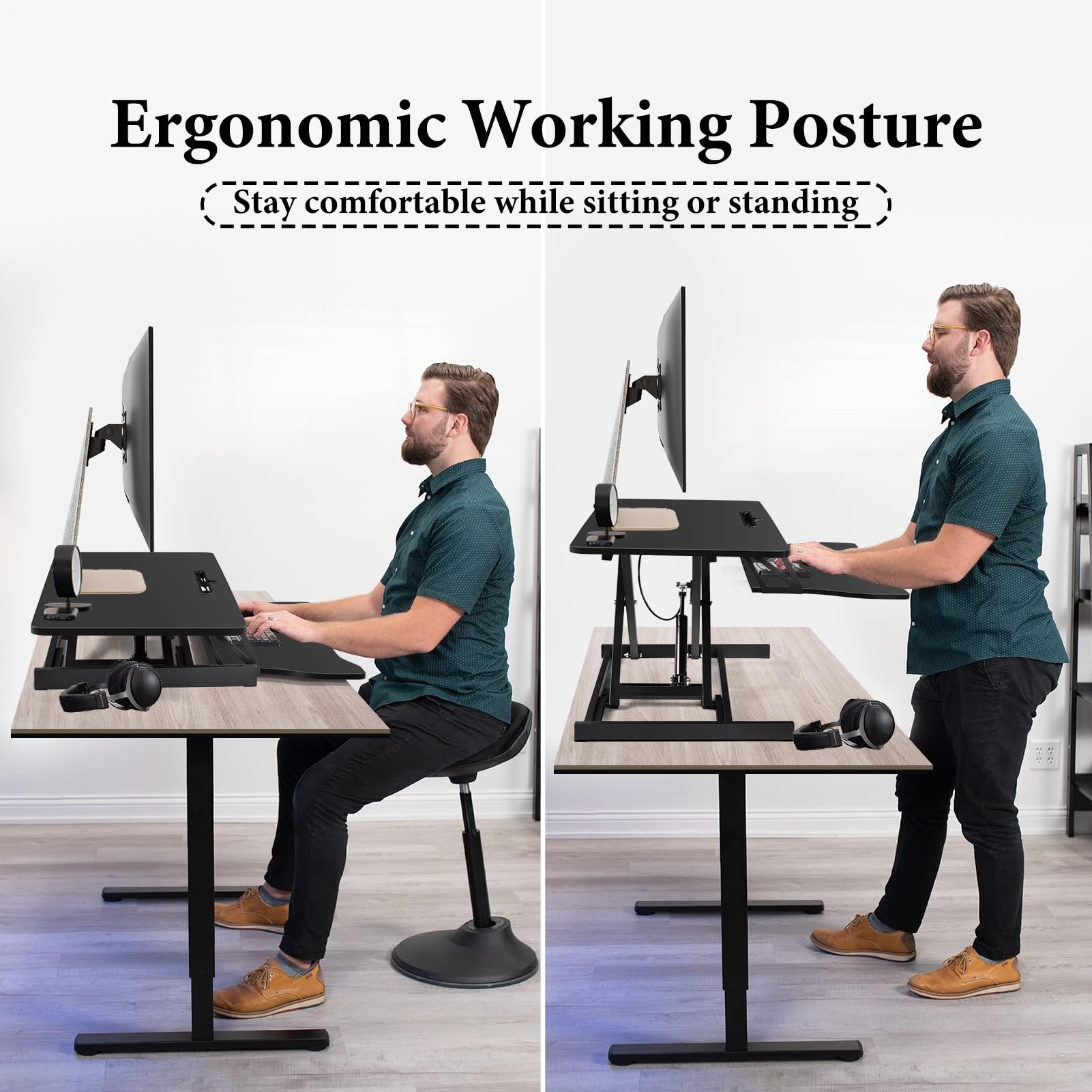 Générique Convertisseur De Bureau Debout - avec Suspension Pneumatique | Plateau 94x40 Cm, Double Plateau, avec Support Clavier Hauteur Réglable 15 À 48 Cm, Idéal pour Deux Moniteurs