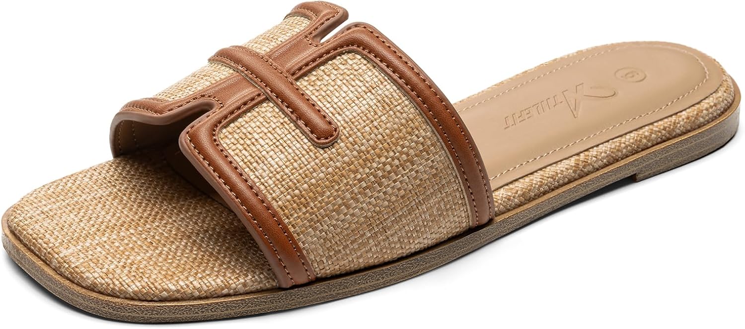 Athlefit Flat Sandals for Women Dressy Summer Square Open Toe Comfortable Slip On Beach Slide Sandals