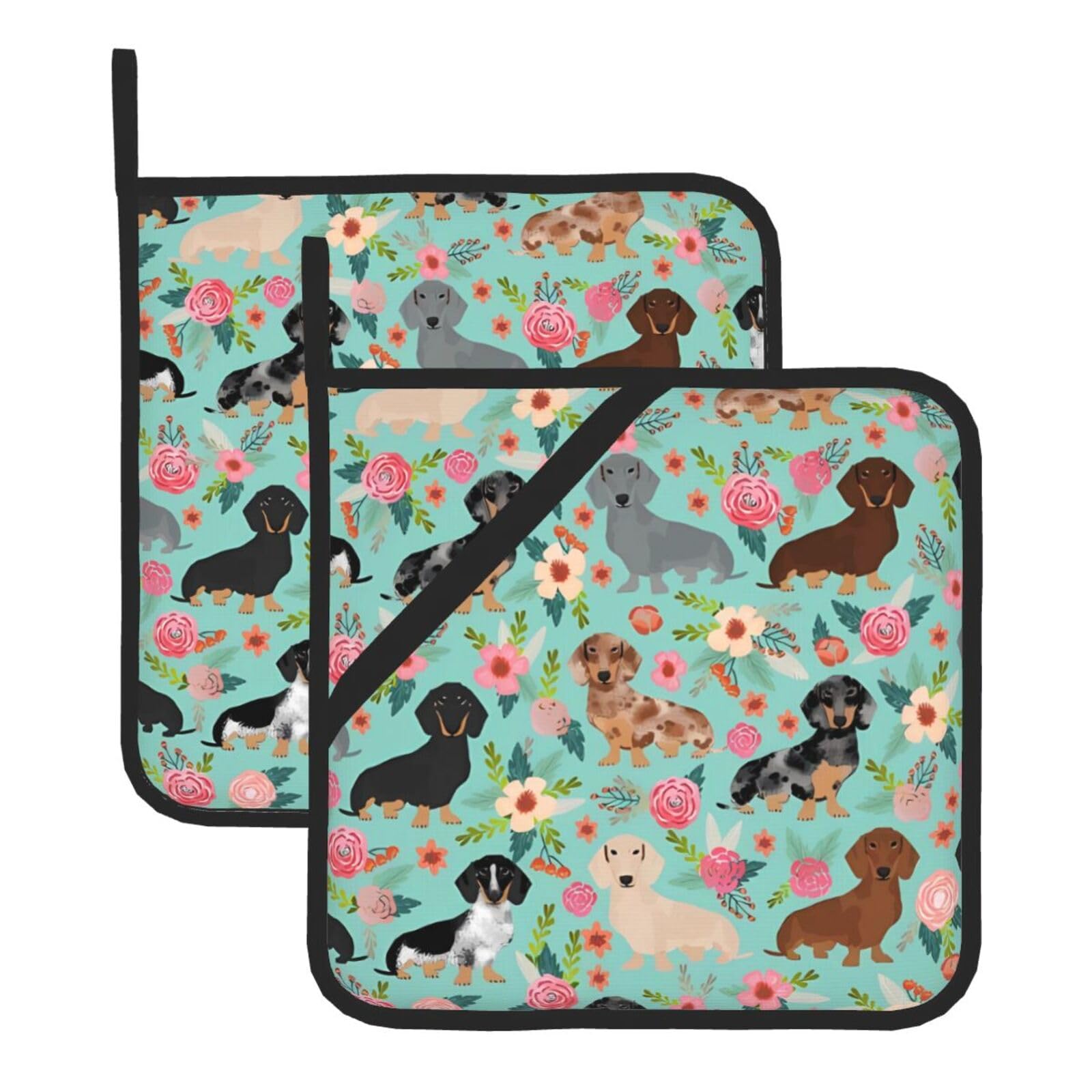 YYHWHJDE dachshund Prints Square Hot Pads for Kitchen Counter - Waterproof Pot Holders, Durable Oven Mitt Layers with Hanging Loop, Heat Resistant Trivets (2-Pack)