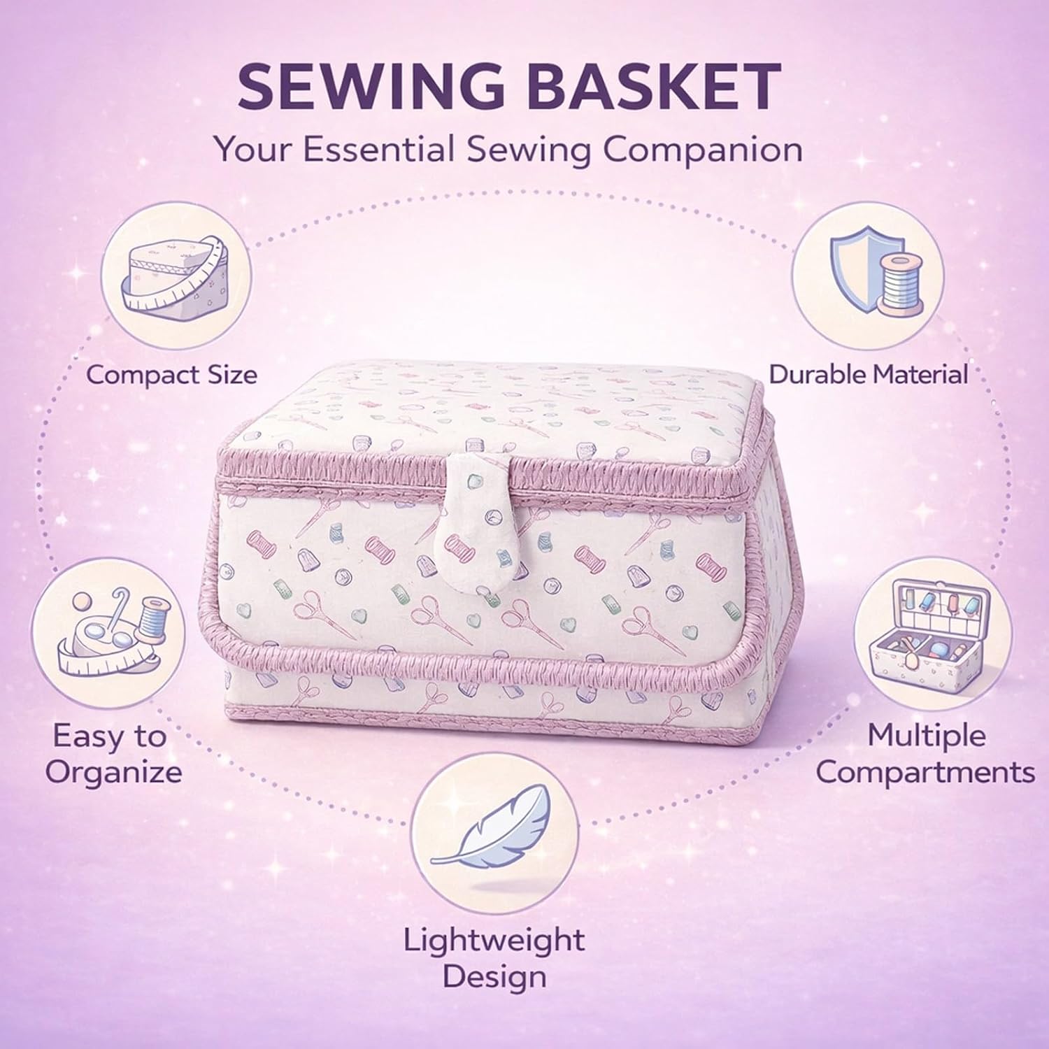 Extra Large Sewing Box Fabric Basket with Magnetic Button Closure and Removable Tray – Spacious Sewing Organizer with Handle for Adults and Beginners, Portable Sewing Kit Box for Sewing Supplies
