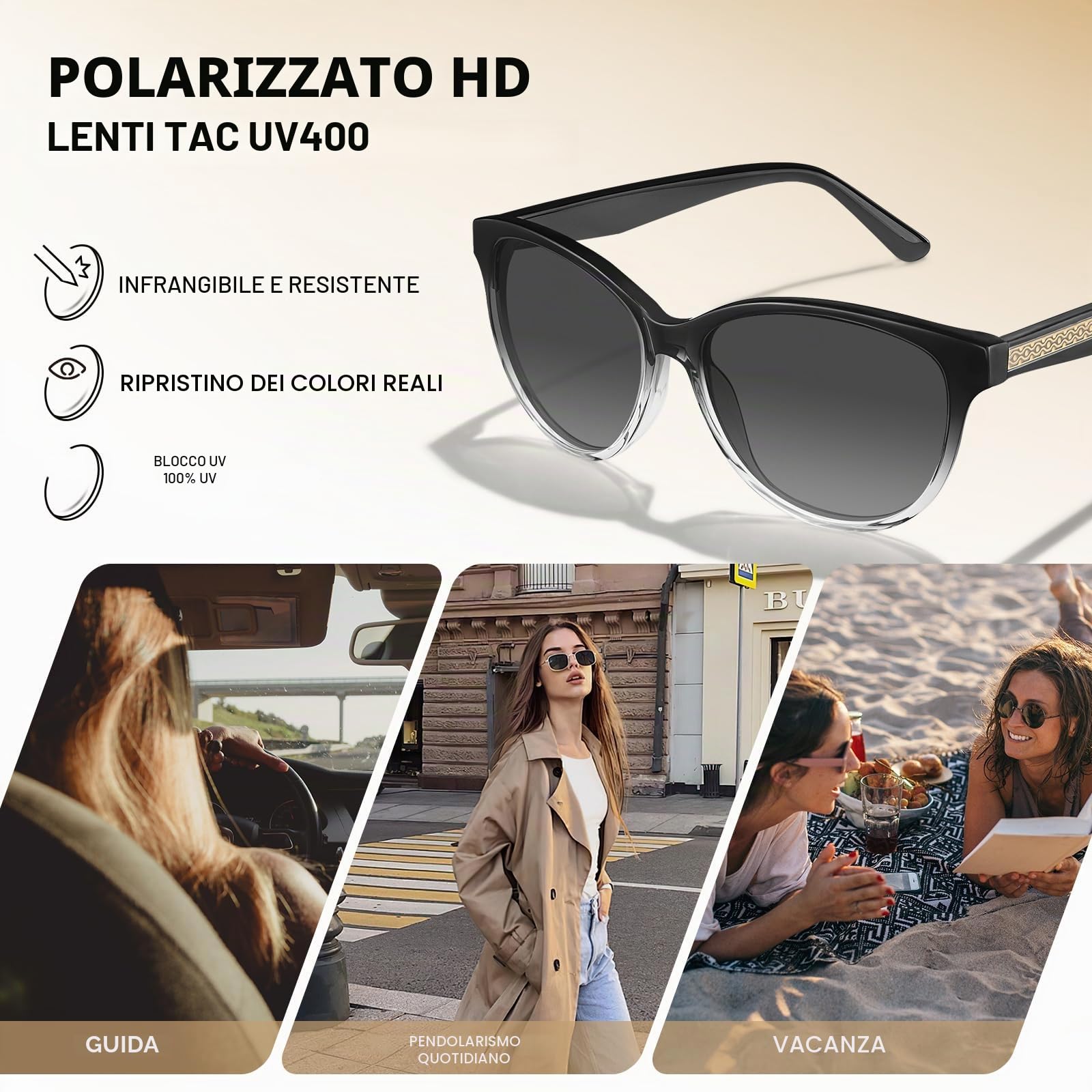 Carfia Annata Occhiali da Sole Donna Polarizzata Protezione UV per Guidare Viaggi all'aperto Acetato Telaio