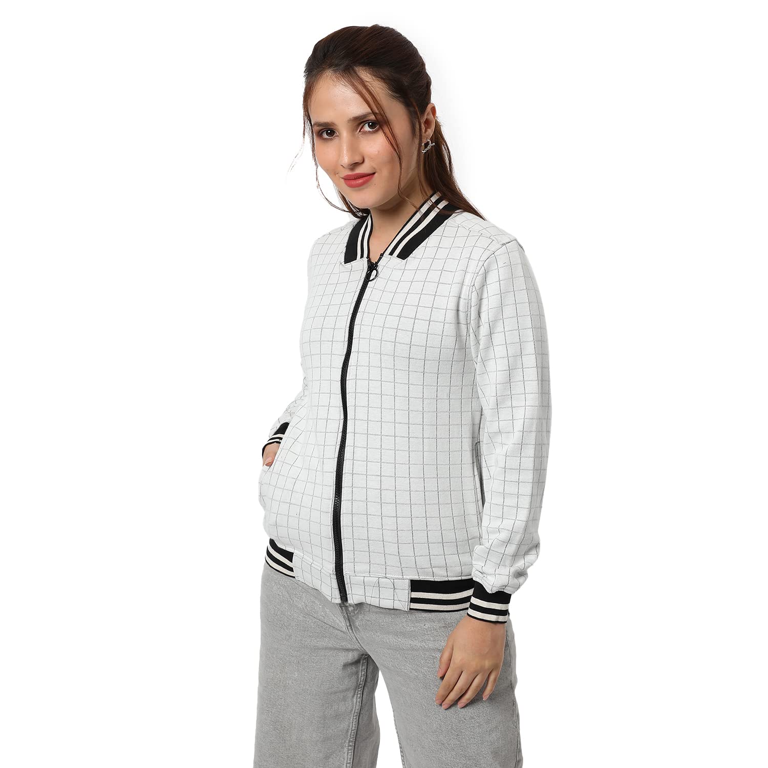 pinacolada Women's Light Grey Checked Regular Fit Cotton Jacket For Winter Wear | Full Sleeve | Zipper | Casual Jacket For Woman & Girl | Western Stylish Jacket For Women-picture-34