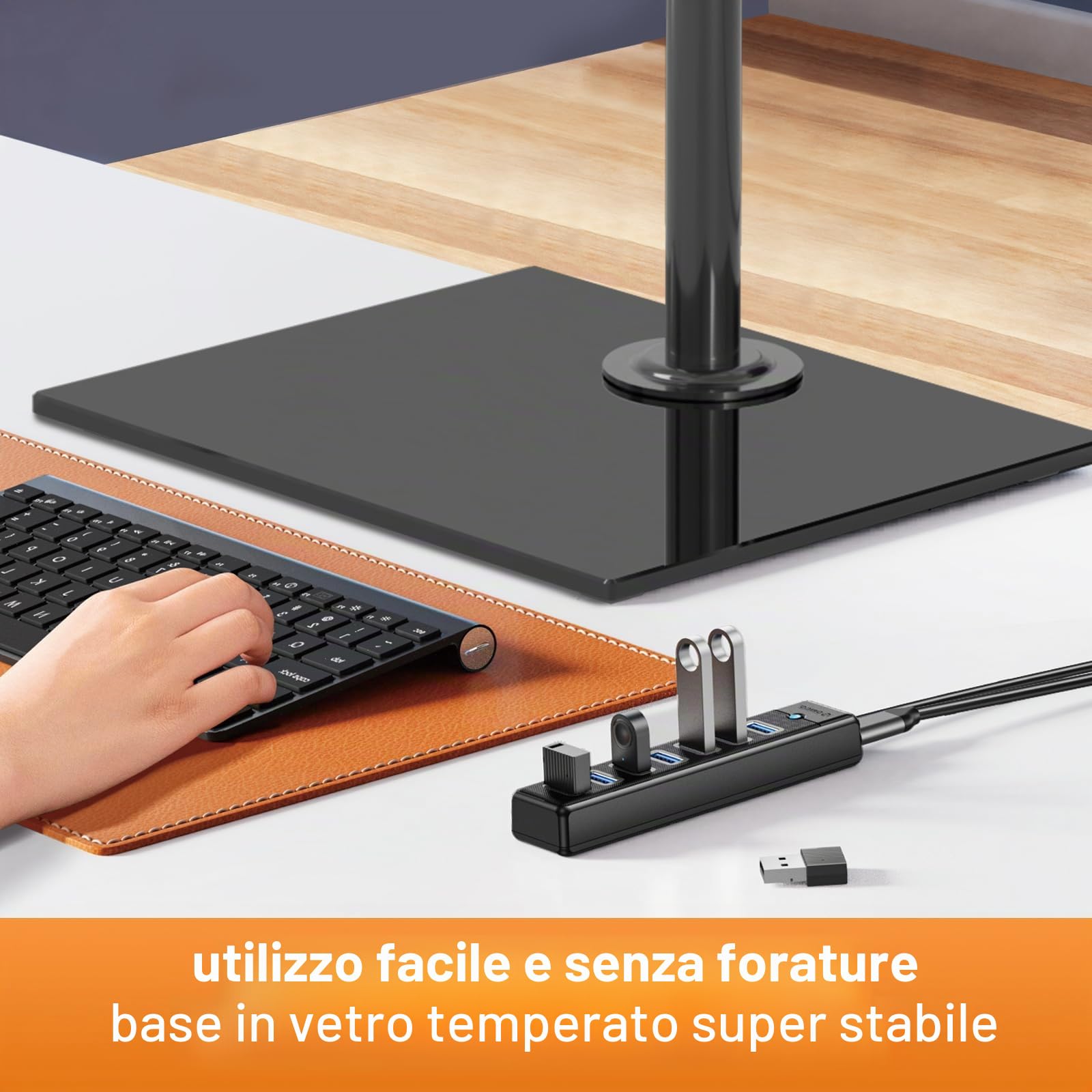 Pholiten Supporto per Monitor Singolo da Tavolo per Schermi PC da 13"-32", Autoportante Regolabile con Base in Vetro Temperato, Rotazione Inclinabile Girevole, Max VESA 100x100mm MLG7401