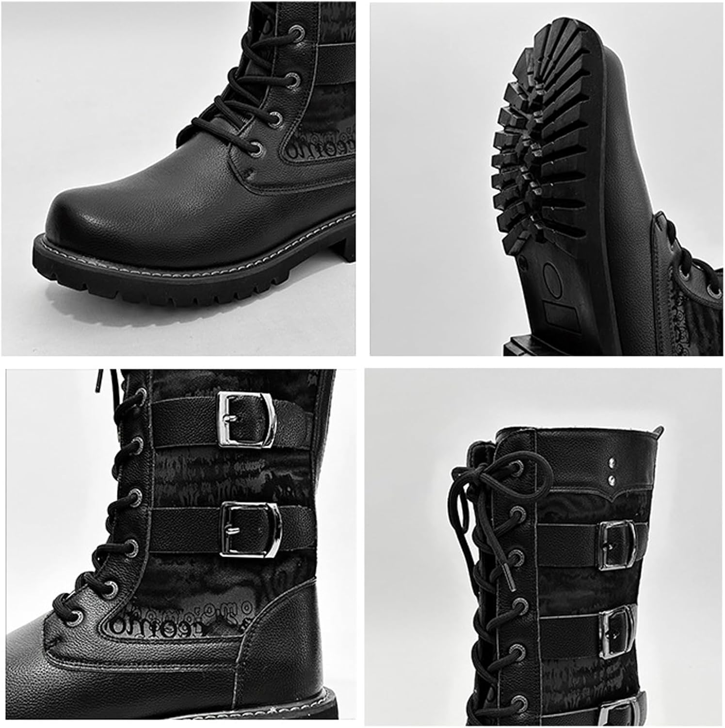 Men'S Black Leather Platform Combat Boots Retro Round Toe Multi-Buckle Chunky Lug Sole Lace-Up Motorcycle Boots Comfortable Work Party Punk Ankle Boots