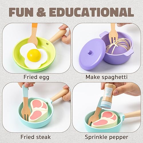 Miniatura 3 de Accesorios de cocina para niños, juego de cocina de madera para niños pequeños, 22 piezas, juego de comida para niños con ollas y sartenes, juguetes