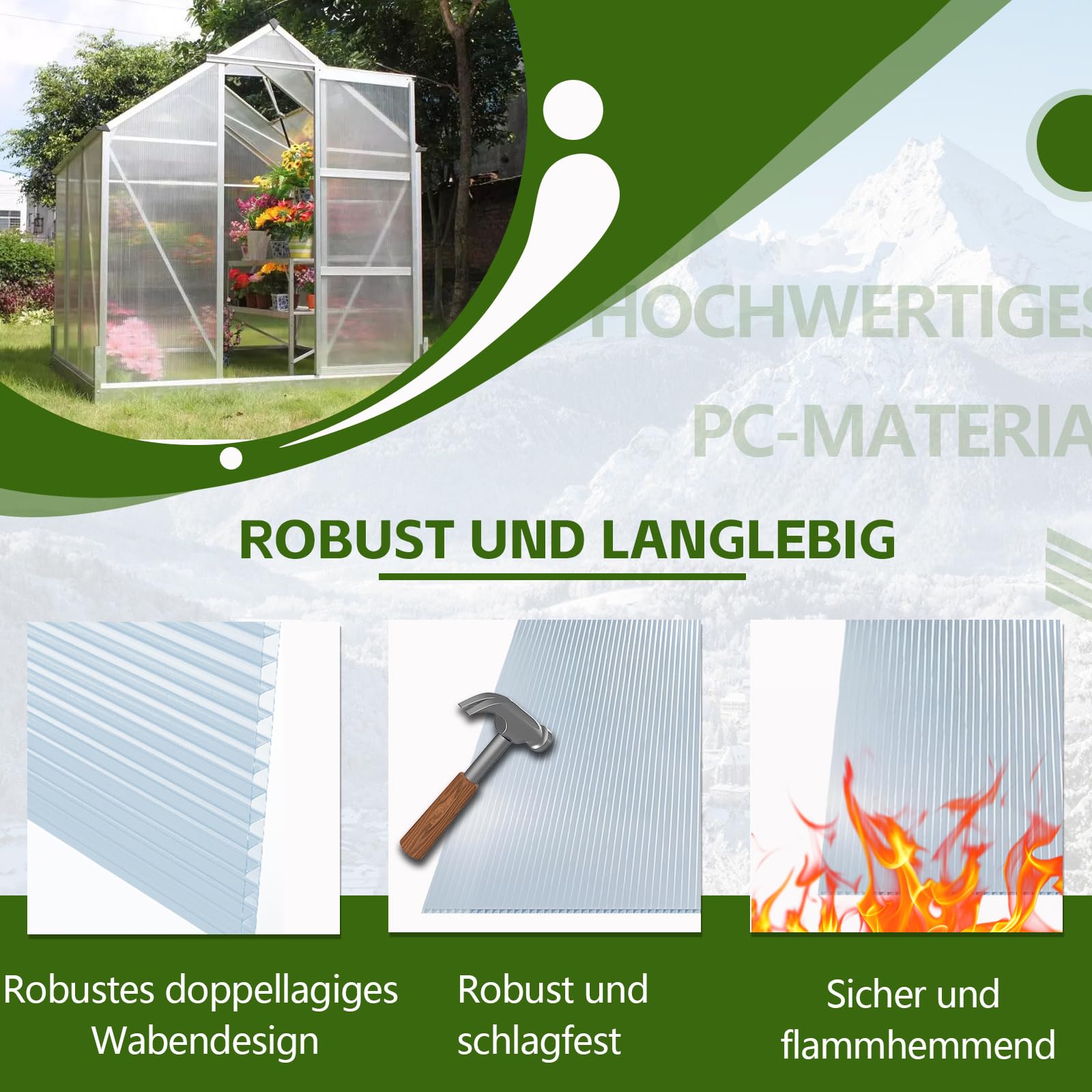 Warmfay 10 planchas alveolares de policarbonato de 4 mm, 1210 x 605 mm, doble puente de 7,32 m², con 50 grapas + 50 clips en Z, recortables, resistentes a los rayos UV, para invernadero, cocheras, etc