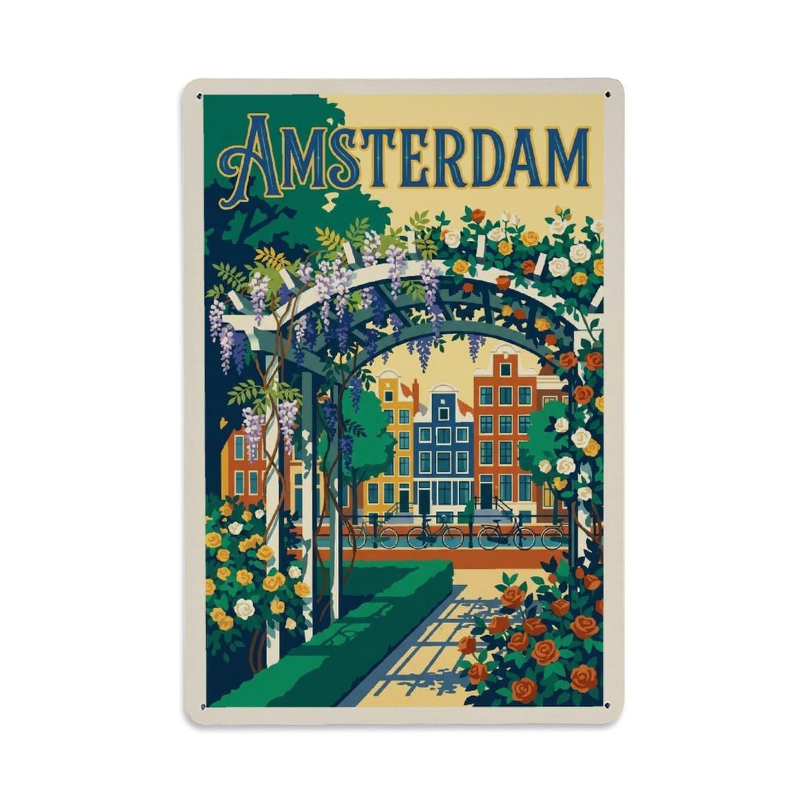 Amsterdam Pergola Garden Vintage Country Travel Polder Metal Tin Sign Plaque Wall Decor for Cafe, Man Cave, Club Bar, Office, Home Garden Round Metal Poster 8x12Inch