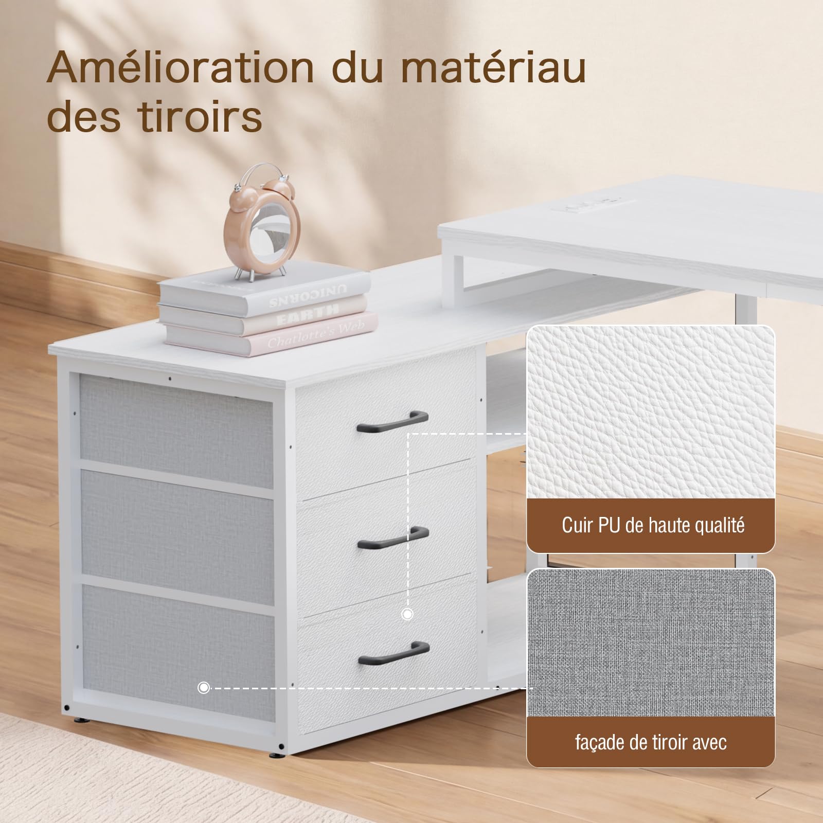 JUMMICO Bureau d'ordinateur 140 x 105 cm, Modèle en L Réversible, 3 Grands Tiroirs, Multiprise Intégrée et Panneau Perforé Réglable, Plateau Blanc avec Pieds Blancs