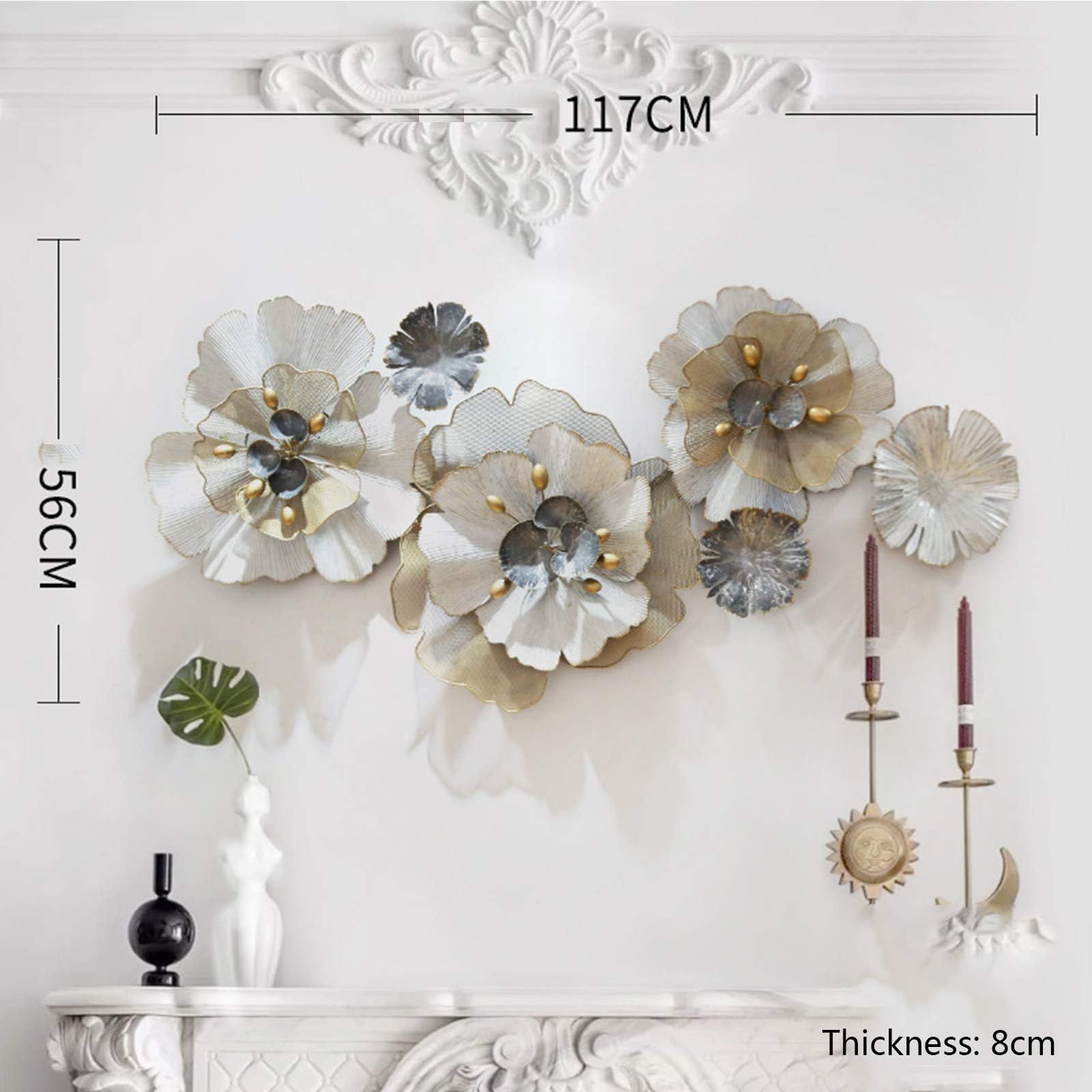 Dekoracja ścienna - Vintage Metal 3D kreatywny kwiat do salonu, sypialni, biura, duży element dekoracyjny 117 x 56 cm