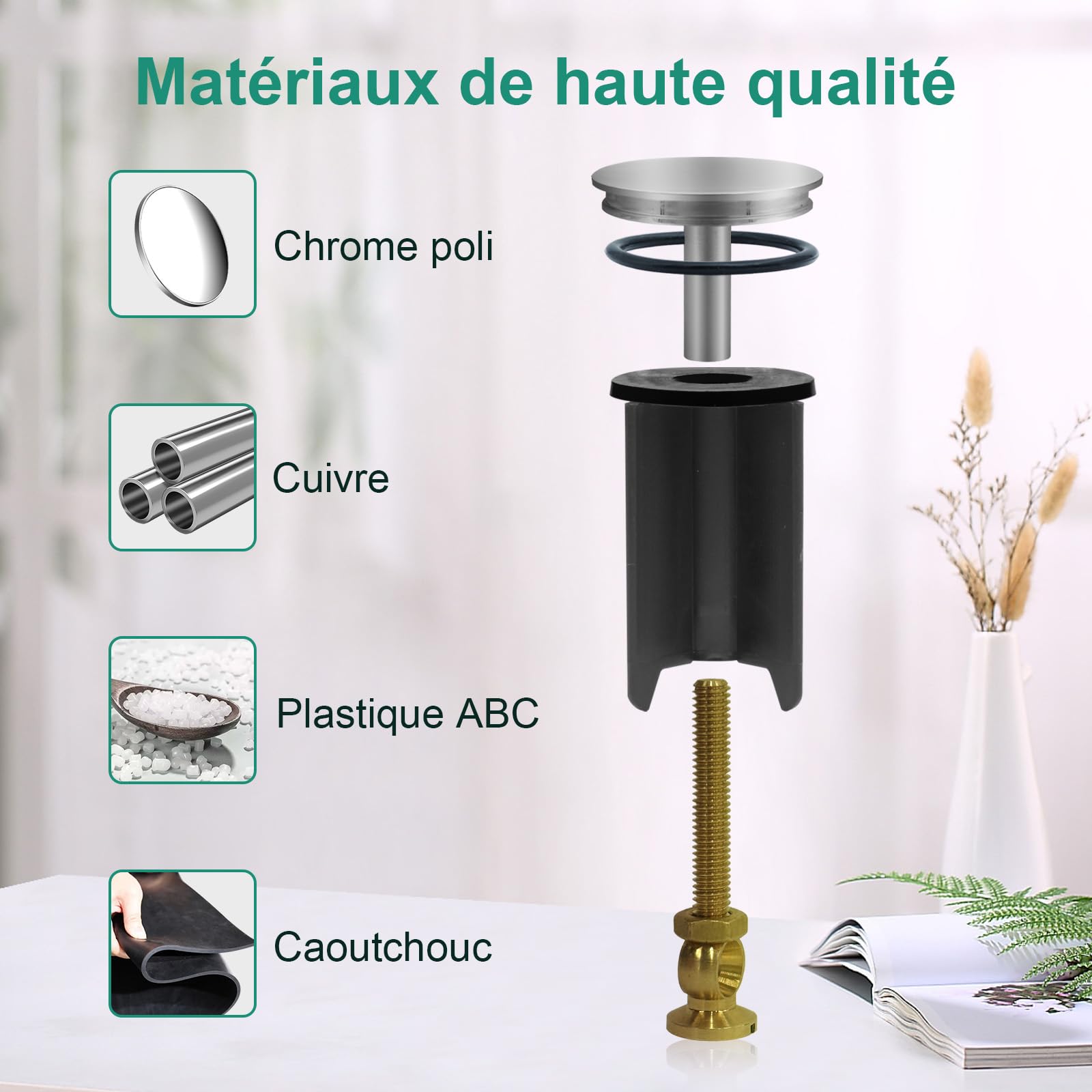 SURFOU Bouchon Lavabo Universel 40mm Laiton Chromé - Réglable En Hauteur Antirouille Noir