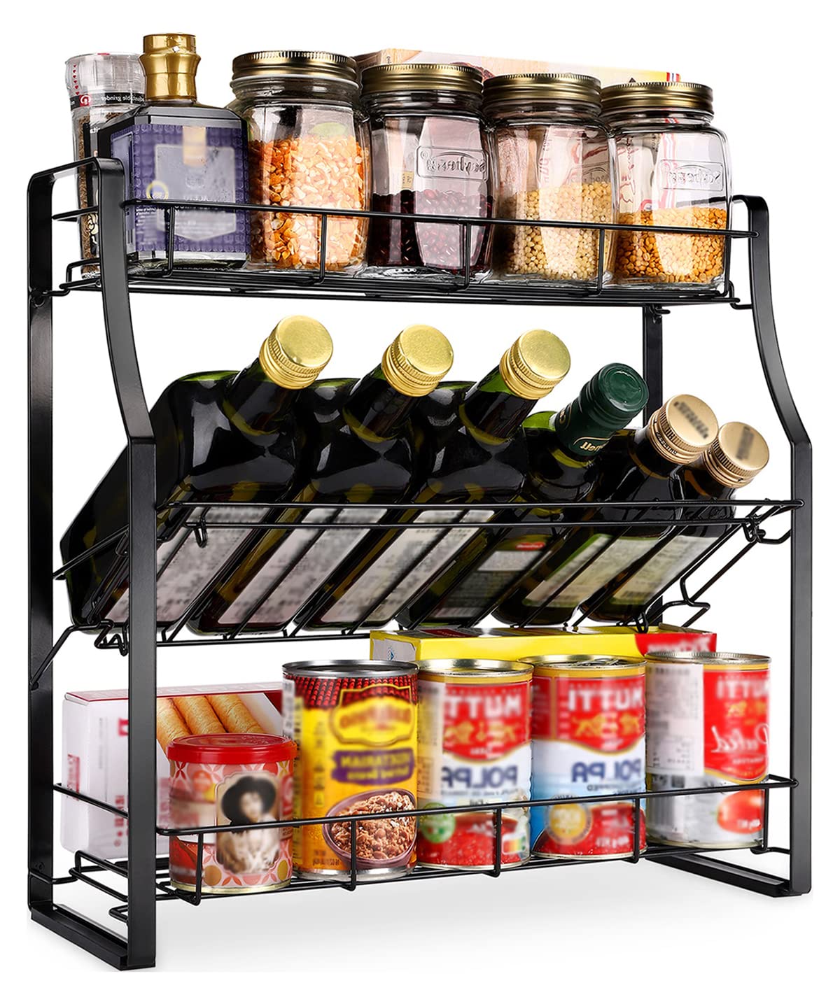 Especiero - Organizador de cocina de encimera de 3 niveles Estante de almacenamiento Cesta de almacenamiento de condimentos, Cesta de almacenamiento de banco de trabajo, Negro.