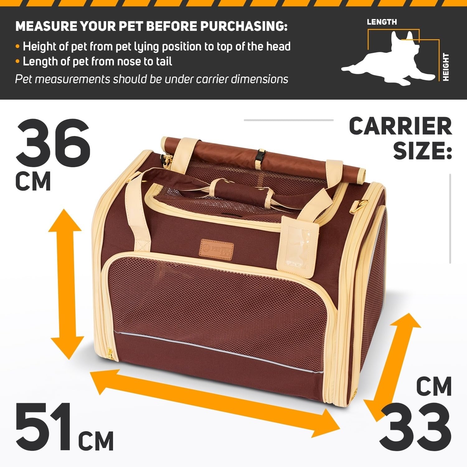 Medium Brown Cat Dog Bag for Small Dogs Cats, 50 x 33 x 33 cm, Up to 7 kg, Active Use, Travel, Veterinary Visits