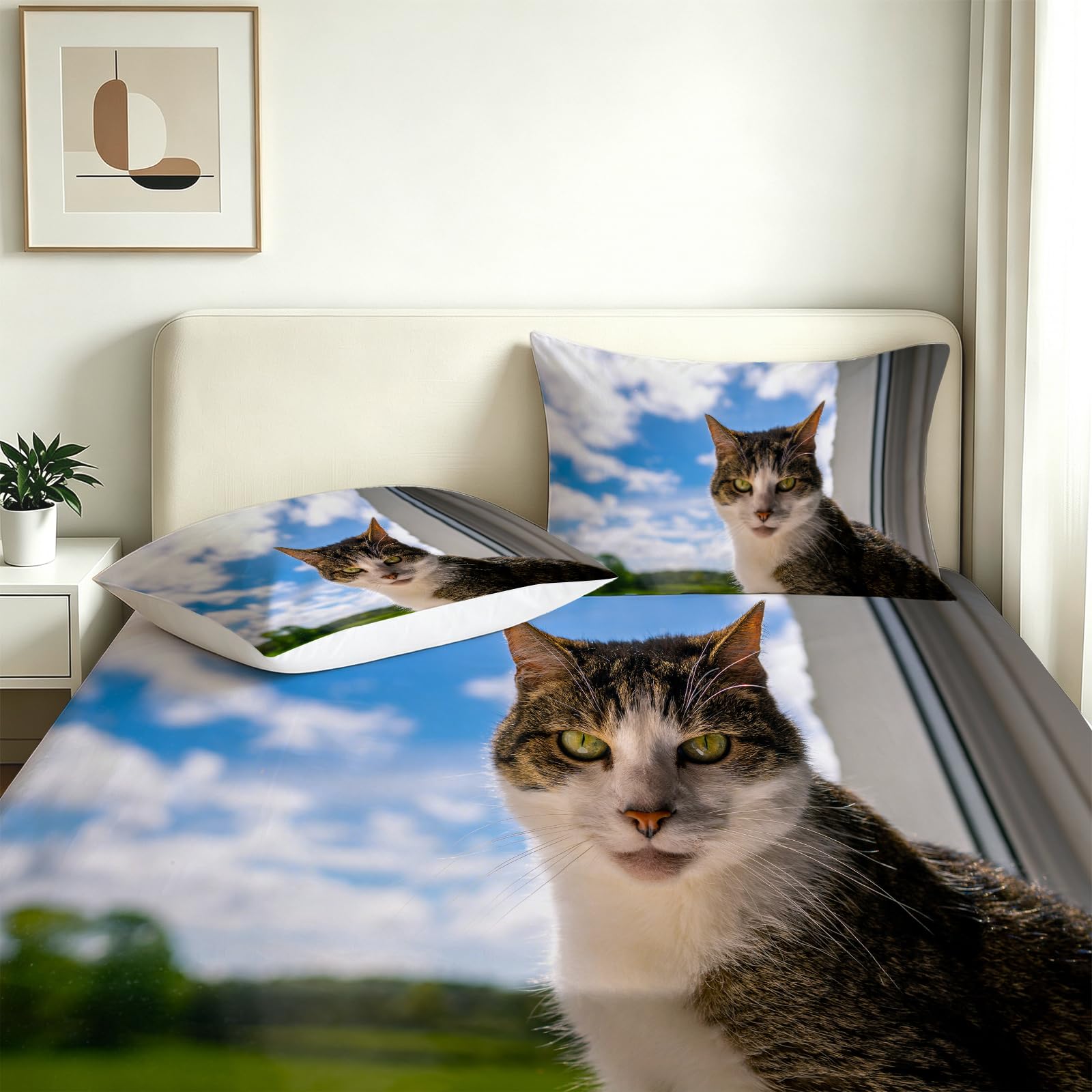 Sábana Bajera 160 x 200 Ajustable Gatito Adorable Cielo