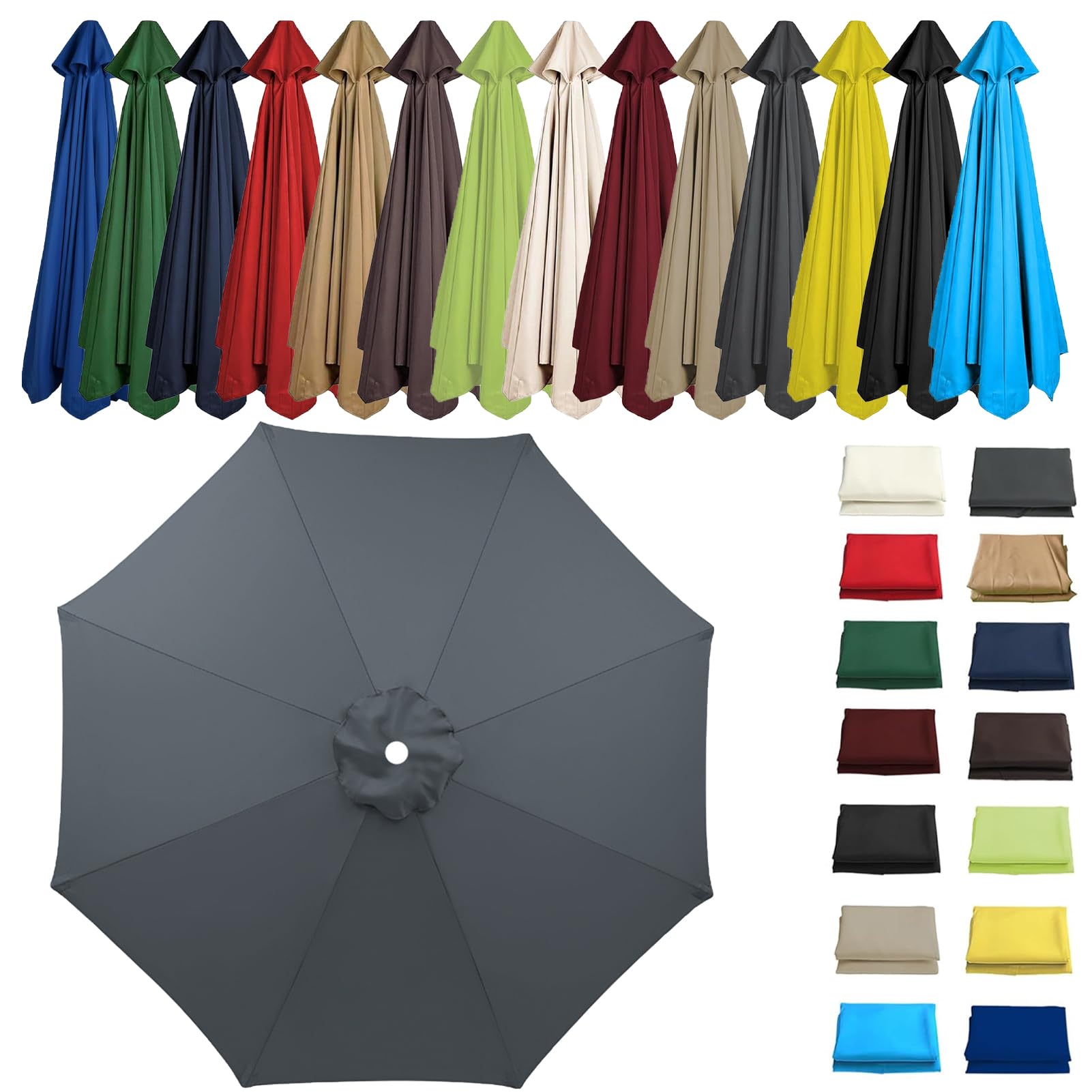 HonunGron 2M 2.7M 3M Umbrella Replacement Parasol Canopy, UV50+, Waterproof, 6/8 Ribs Sun Umbrella Replacement Cloth for Garden Cantilever Parasol Outdoor Table Market (8 ribs-2.7m(8.8ft),Gray)