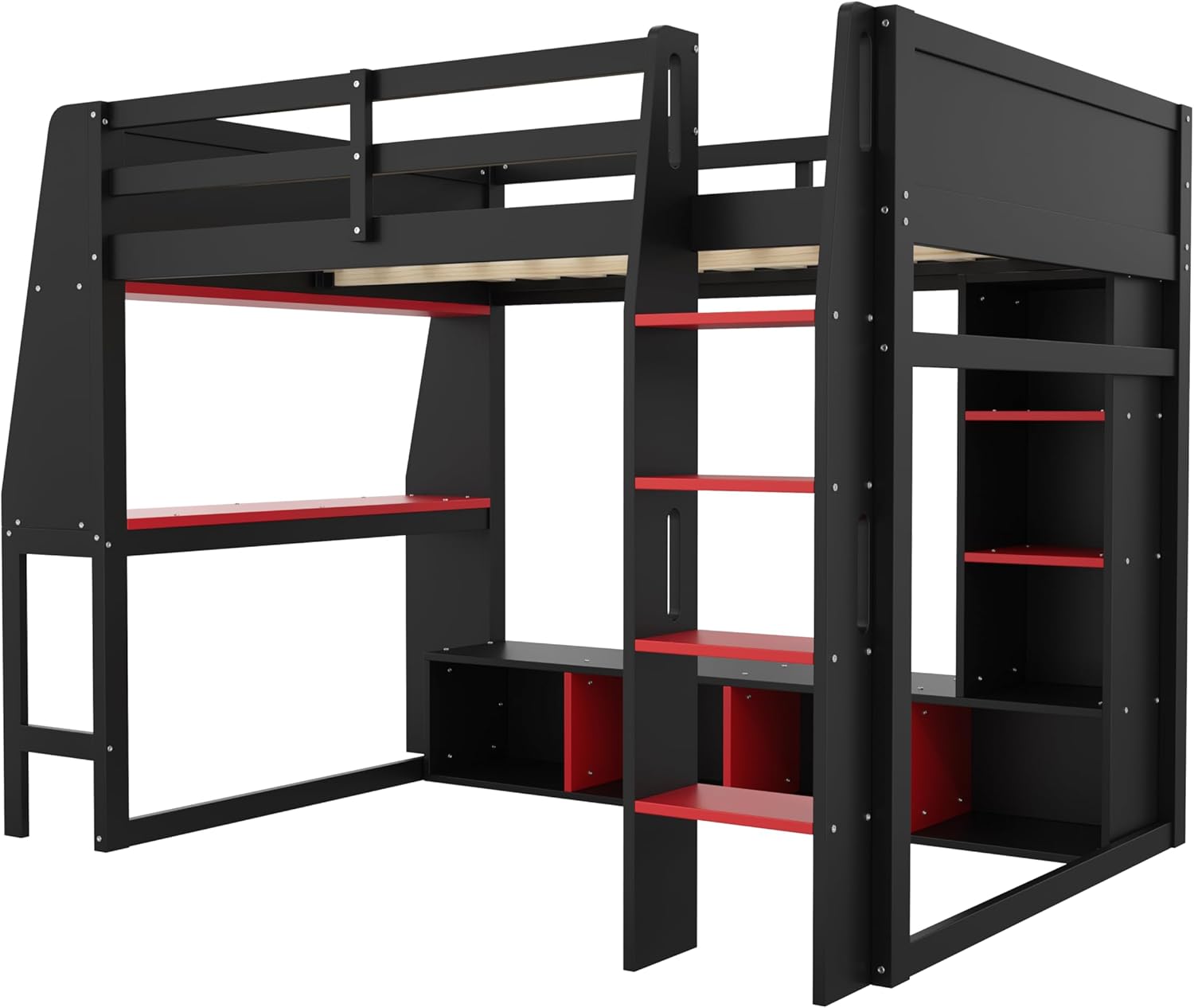 Full Size Loft Bed with LED Desk Built-in USB-Ports, TV-Stand, Hanging Clothes Rack, Loft Bunk Bed with Storage Bookcase, Shelves, for Kids Adults Boys Girls - Black