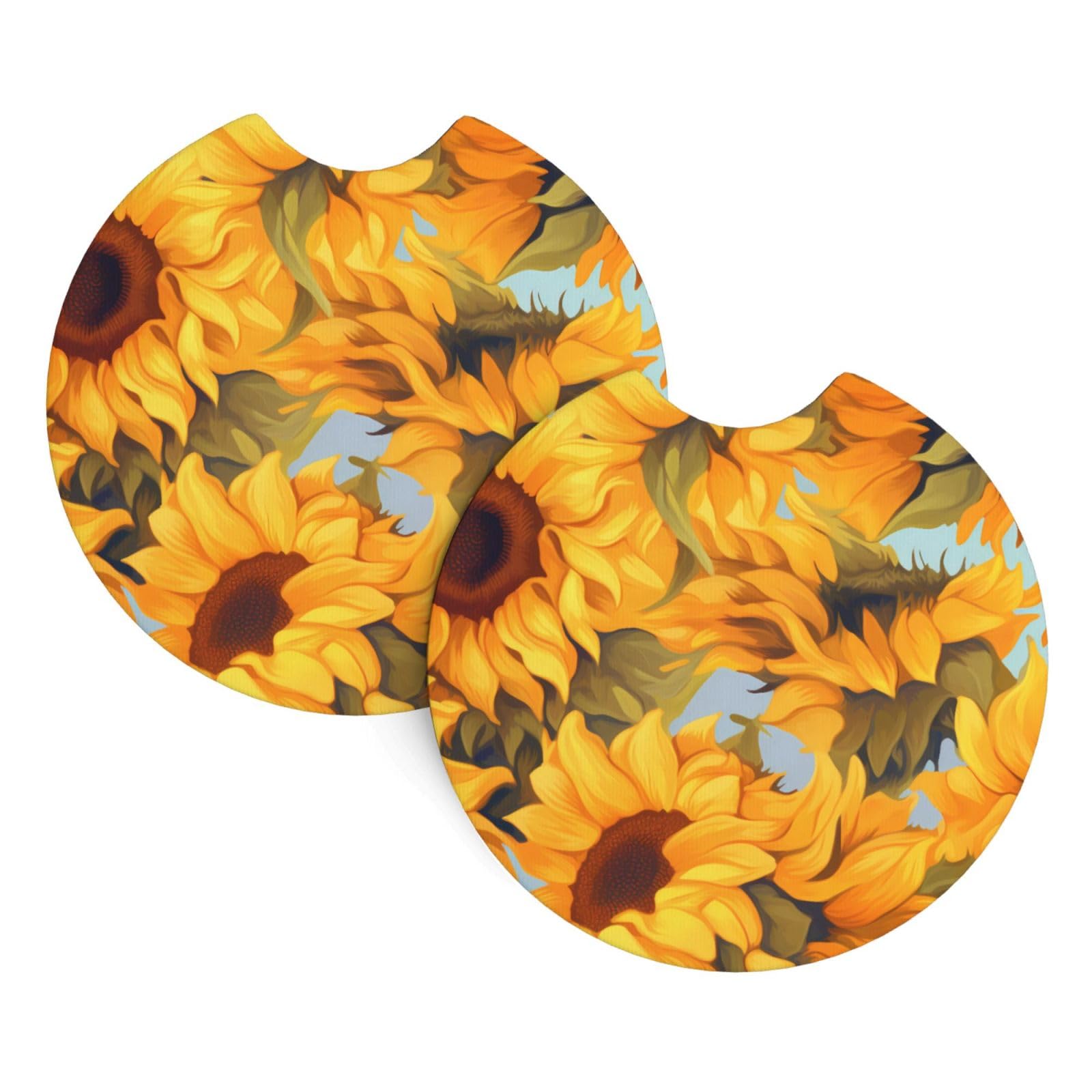 Sunflowers Painting Printed Two Sets of Anti Slip and Waterproof Beverage mats for General Purpose car Coasters