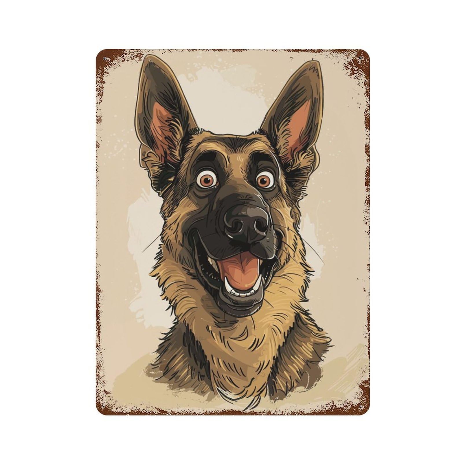Rust Effect German Shepherd Caricature Rusty Metal Tin Sign 15.7"x11.8", Old School Wall Decor for Basement, Hobby Room And Garage Decor