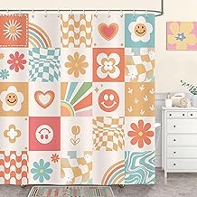 Bonhause Rideau de Douche Rétro Mignon Fleurs Abstrait Groovy 70s Tissu Polyester Anti Moisissure Imperméable Lavable Rideaux Salle de Bain 180 x 180 cm avec 12 Crochets pour Baignoire