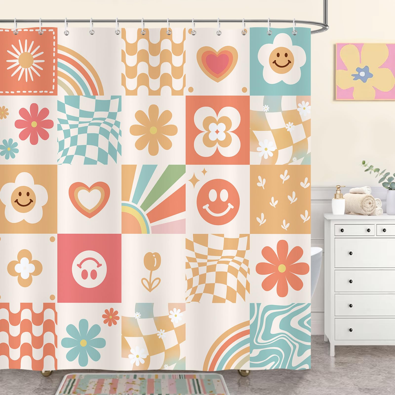 Bonhause Cute Retro Shower Curtain, Abstract Checkerboard Smiley Rainbow Orange Flower Bathroom Decor 72 x 72 Inch Polyester Fabric Waterproof Bath