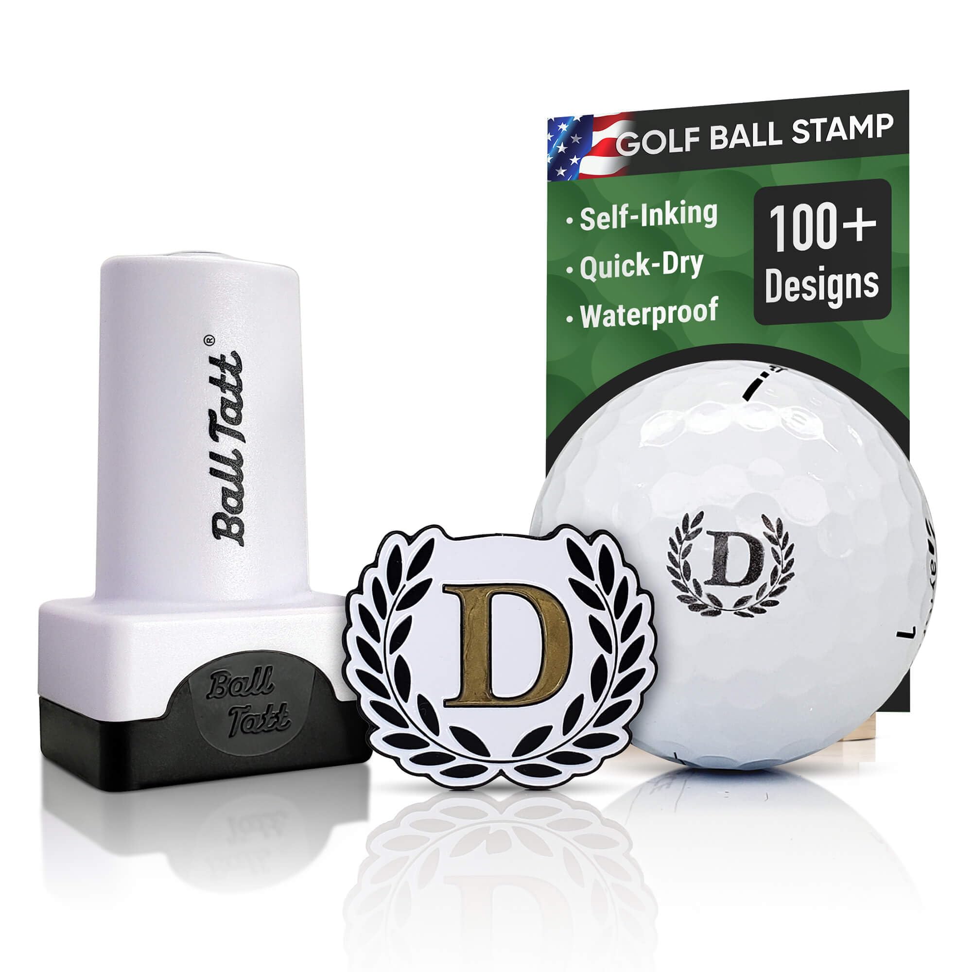 Ball Tatt - Golf Ball Stamp - Self-Inking Marker - Quick-Dry Permanent Marking Tool, No Leaks or Refills, Reusable with Monogram D Initial Golf Ball Marker - Ideal Gift for Golfers, Dads, Retirement — image 1