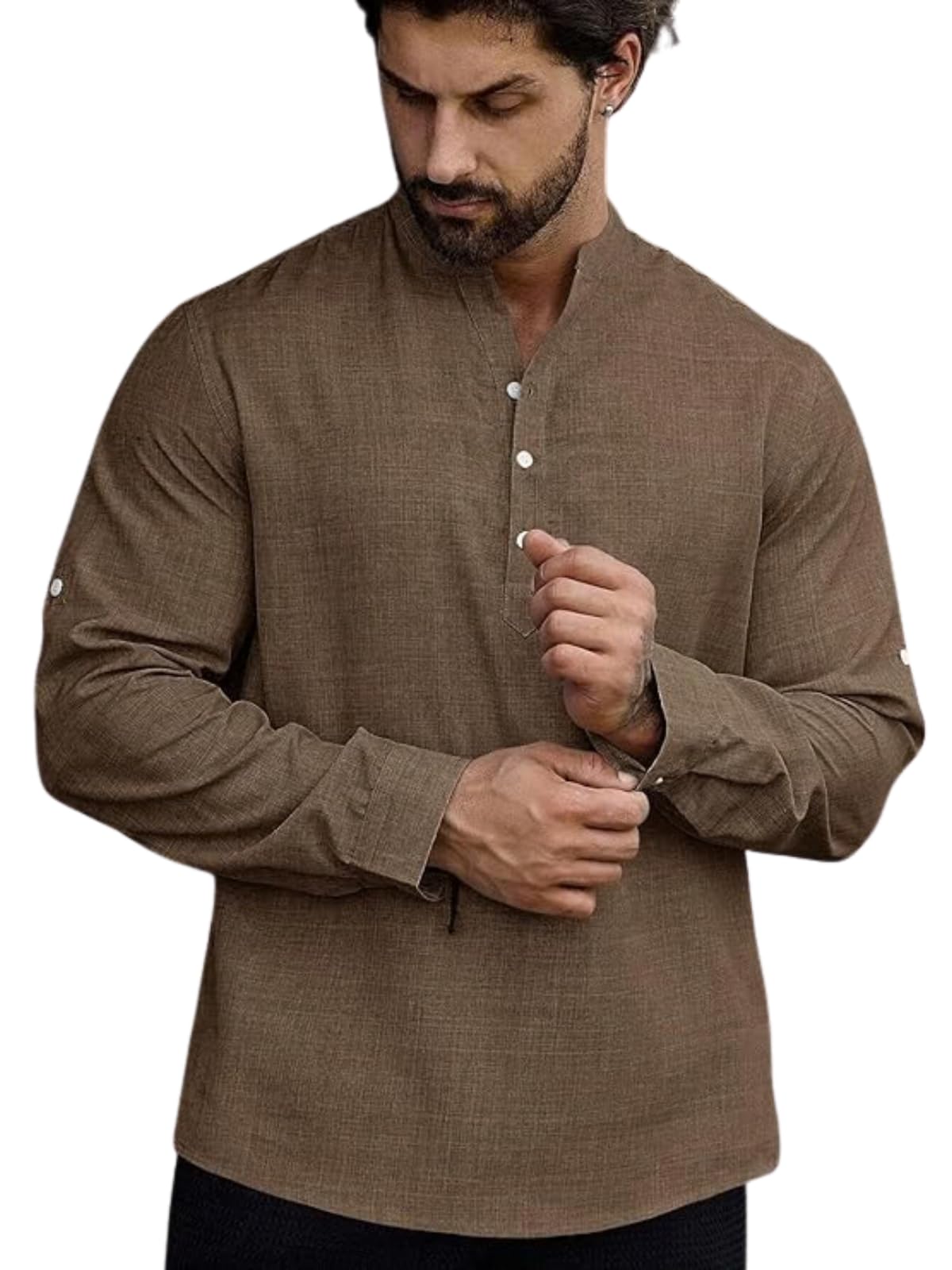 greciilooks Men’s Casual Linen Mandarin Collar Henley Shirt, Long Sleeve Roll Up Button Shirt, Lightweight Summer Kurta Style Tunic for Daily, Beach-picture-21