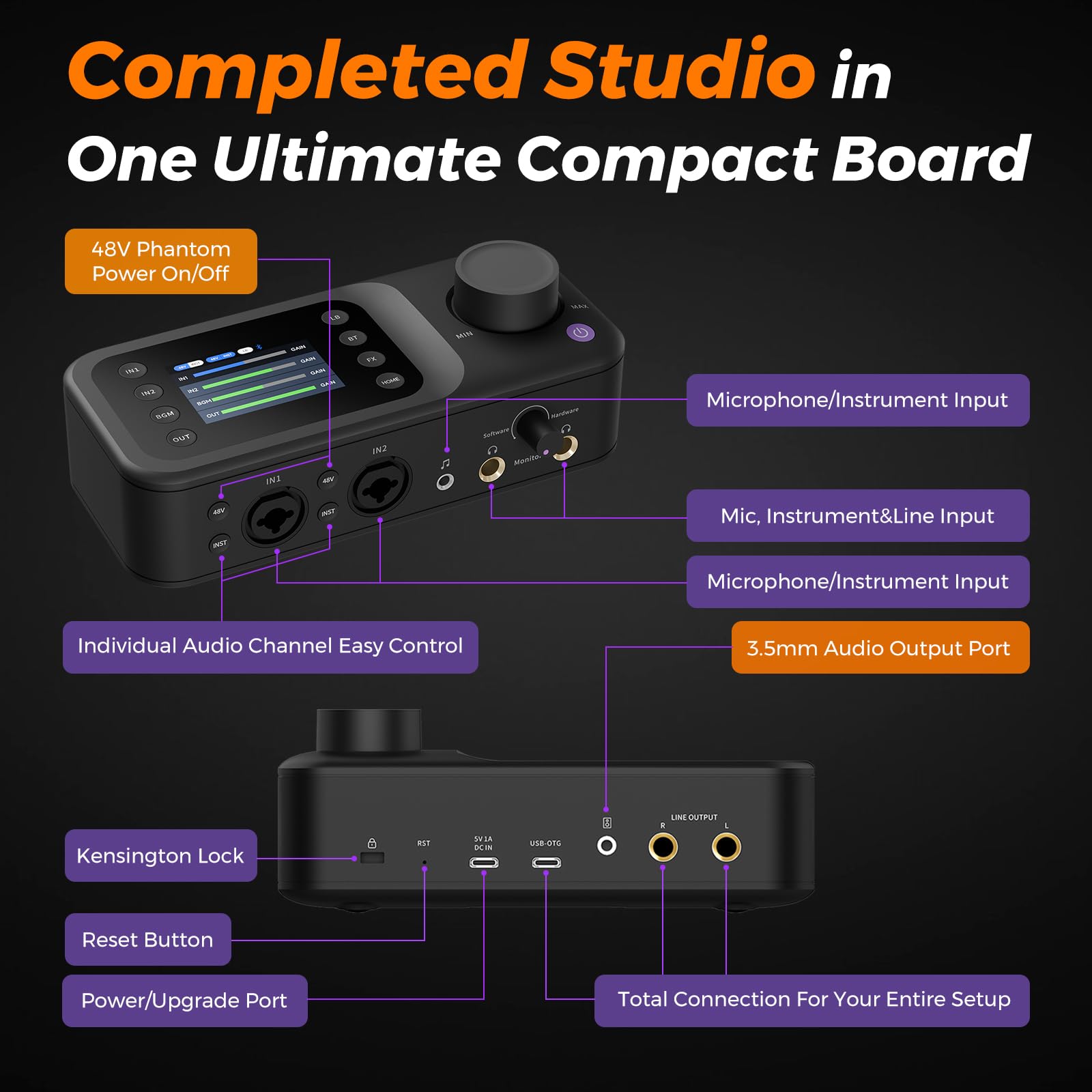 AMIX40U Audio Interface con preamplificatore pro/10 canali/Dual XLR o 6,35 mm Audio Port/48 V Phantom Power/Bluetooth/LCD, mixer audio per chitarristi/produttori su PC/Mac