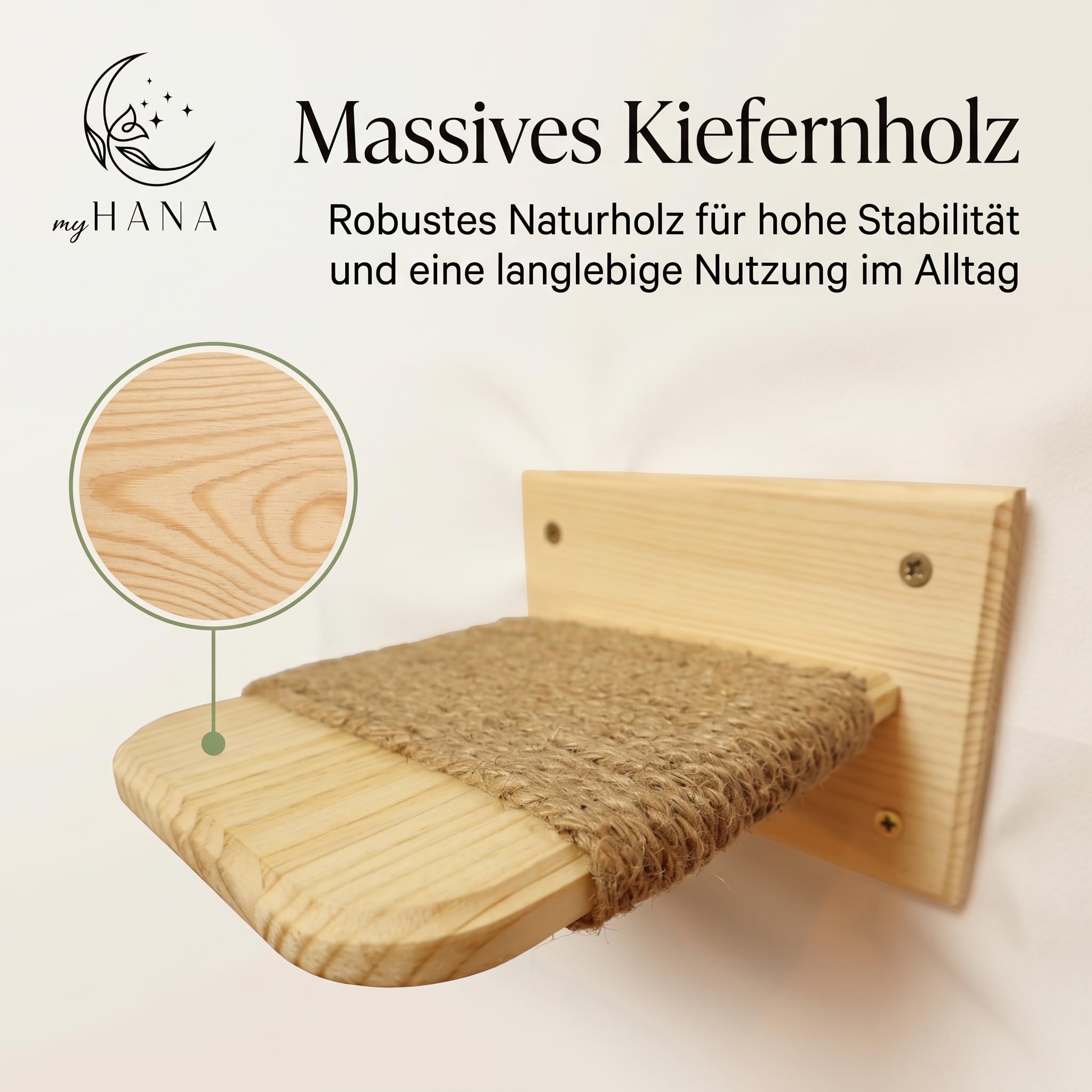 Katzen Wandtreppe aus Massivholz – 3er Set Kletterstufen für Katzen mit Juteseil – Katze Wandmöbel aus Kiefernholz – einfache & schnelle Montage – Kletterhilfe & Katzenwand