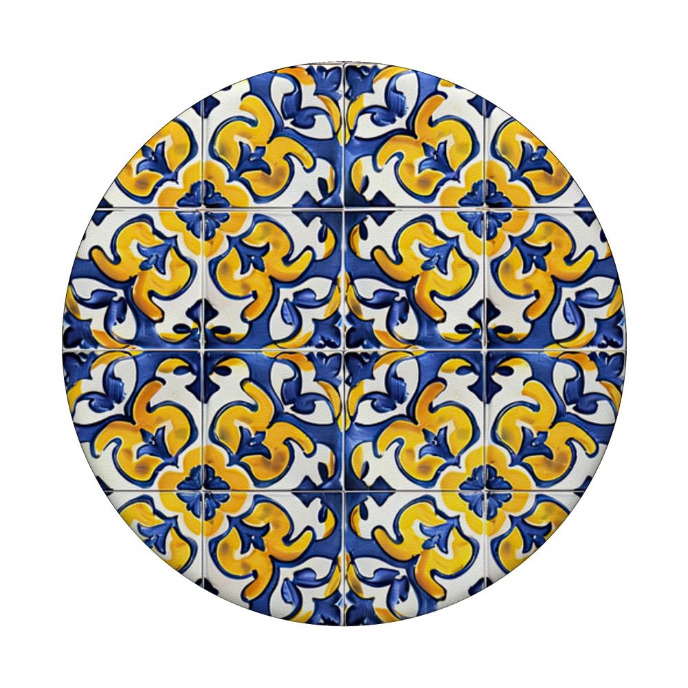 Portugese Tile Traditional Terracota Floral Pattern PopSockets Adhesive PopGrip, Black - Image 3