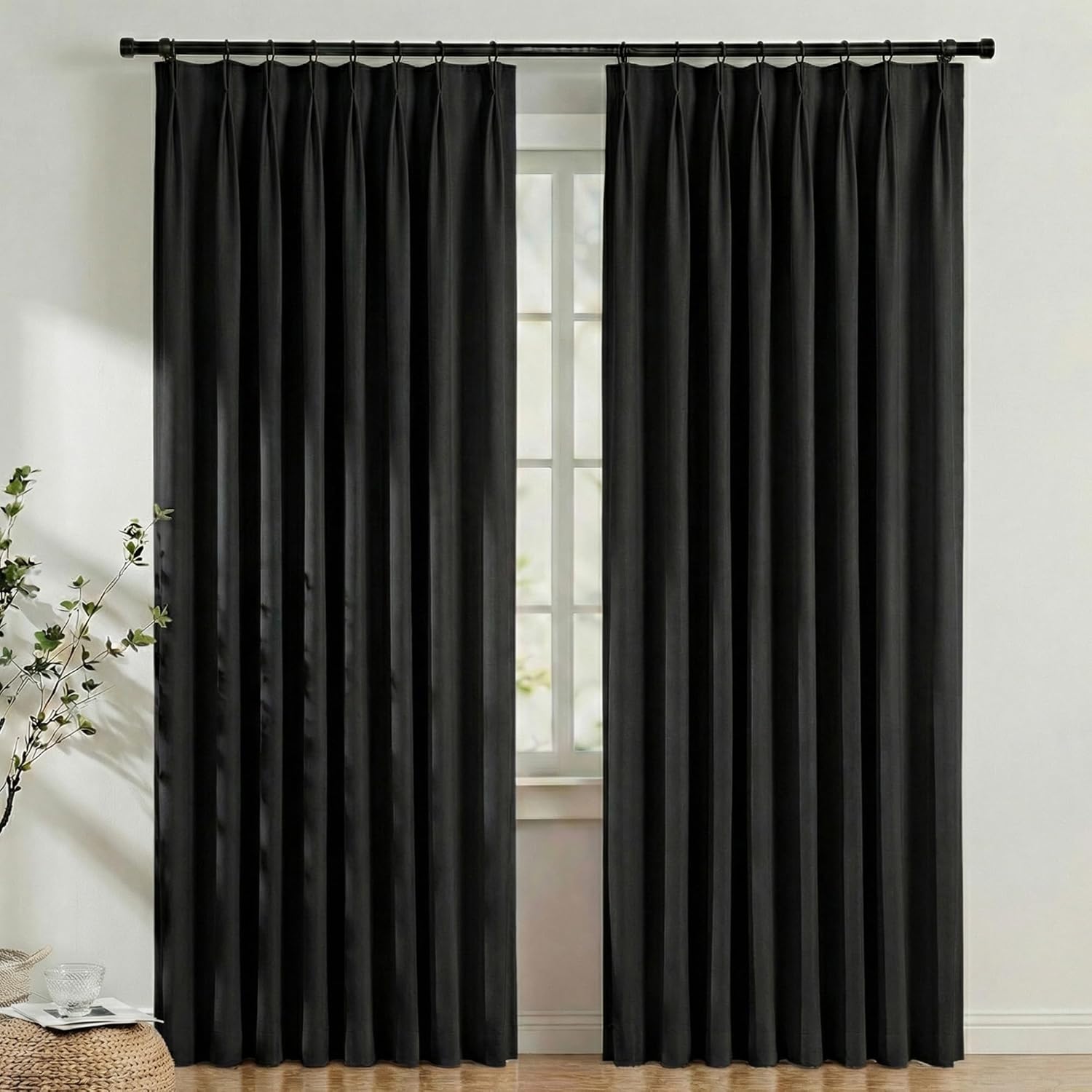 hoeflife 50 Inches Wide 100% Blackout Pinch Pleated Curtains Rings Hooks 2 Panels for Living Room Pinch Pleat Curtains 96 Inches Long for Dining Bedroom Office Grey
