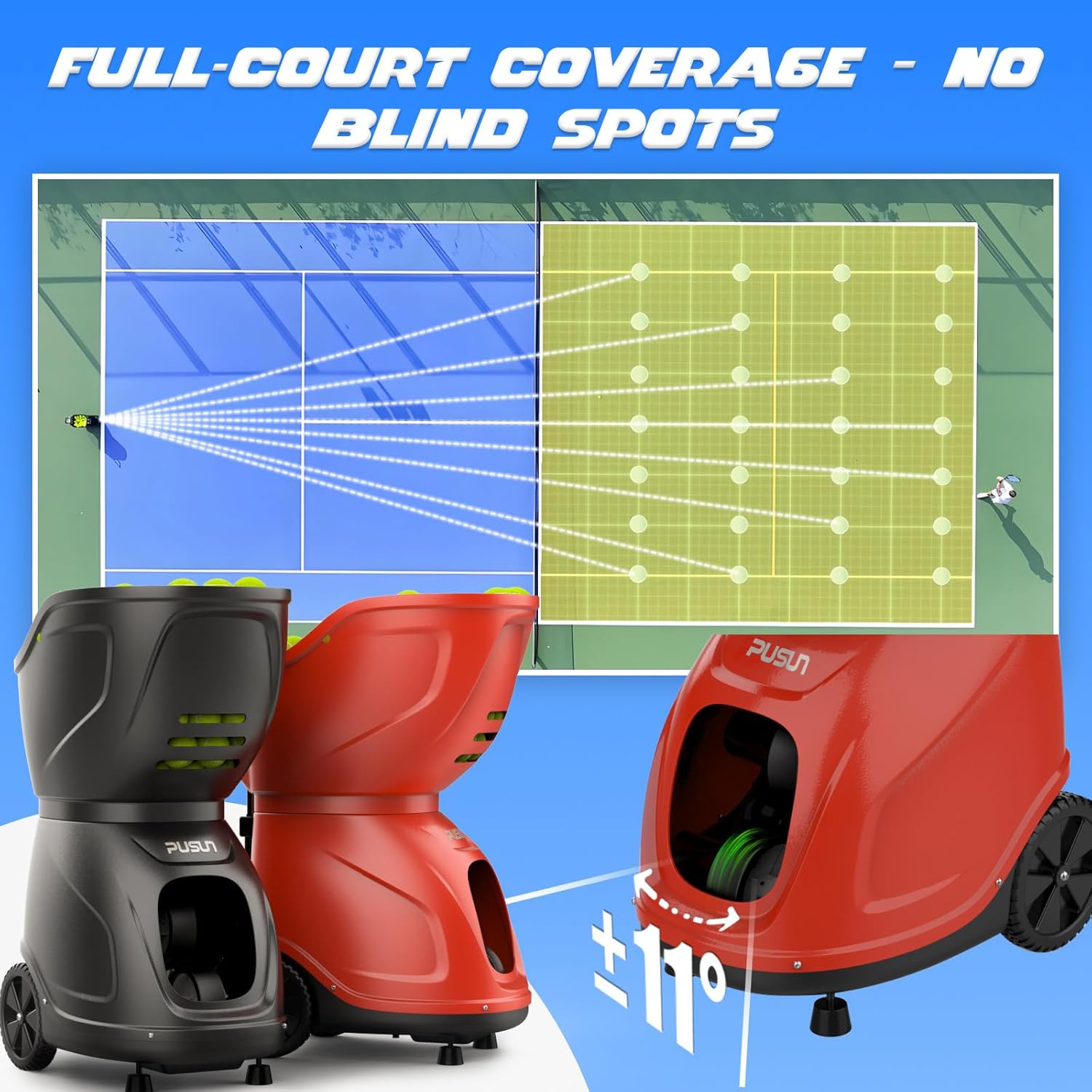 PT-9001 Flagship Tennis Ball Machine: App Control & 12 Drills, 6-Level Spin, 35-Pt, 150-Ball, 87 MPH, 10H Extra Long Battery, Portable for Training, Practice,Beginners & Pros