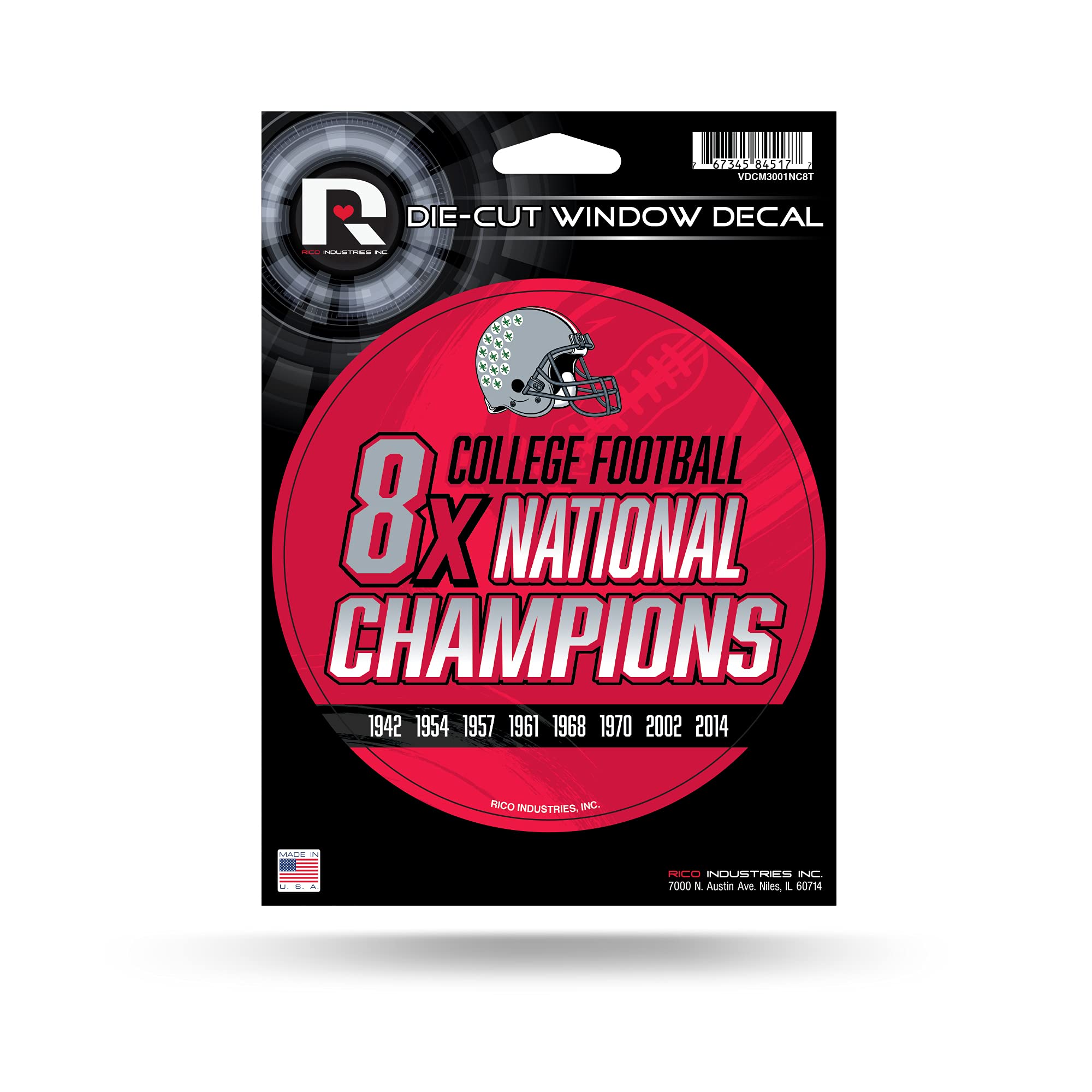 Rico Industries NCAA Ohio State Buckeyes 8-Time Football Champions Die Cut Vinyl Decal