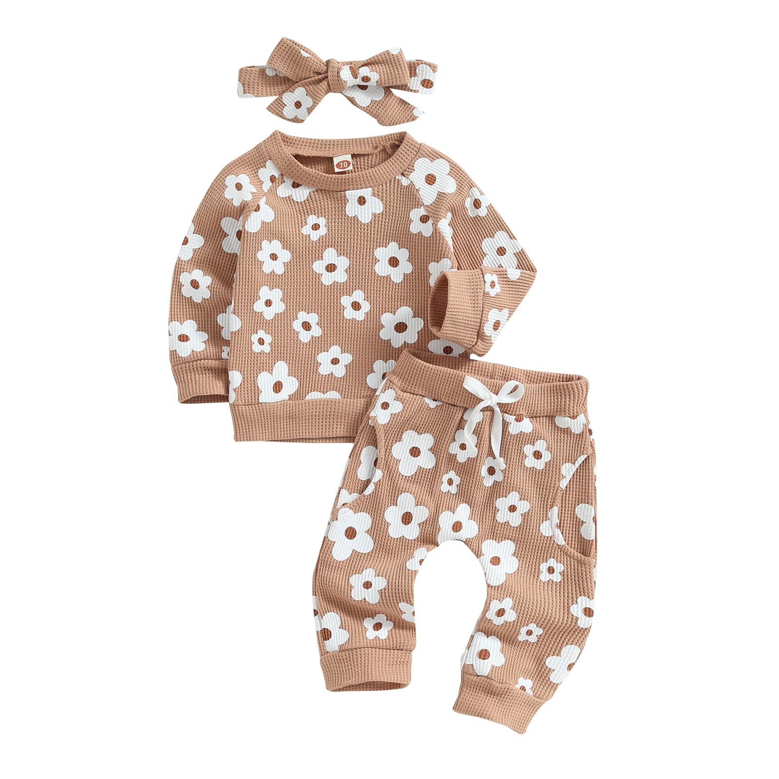SHIBAOZI Newborn Infant Baby Girl Spring Waffle Outfits Toddler Clothes Long Sleeve Sweatshirt Headband Pants Suit (Khaki, 0-6 Months)
