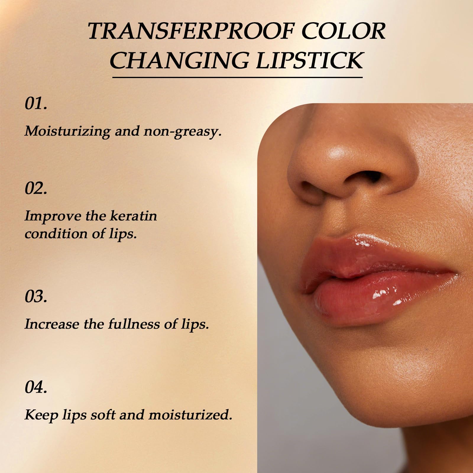 Transferproof Colour Changing Lipstick, Long Lasting 24H Lipstick, Moisturizing Glossy Tinted Lip Gloss with Gold Foil - Image 4
