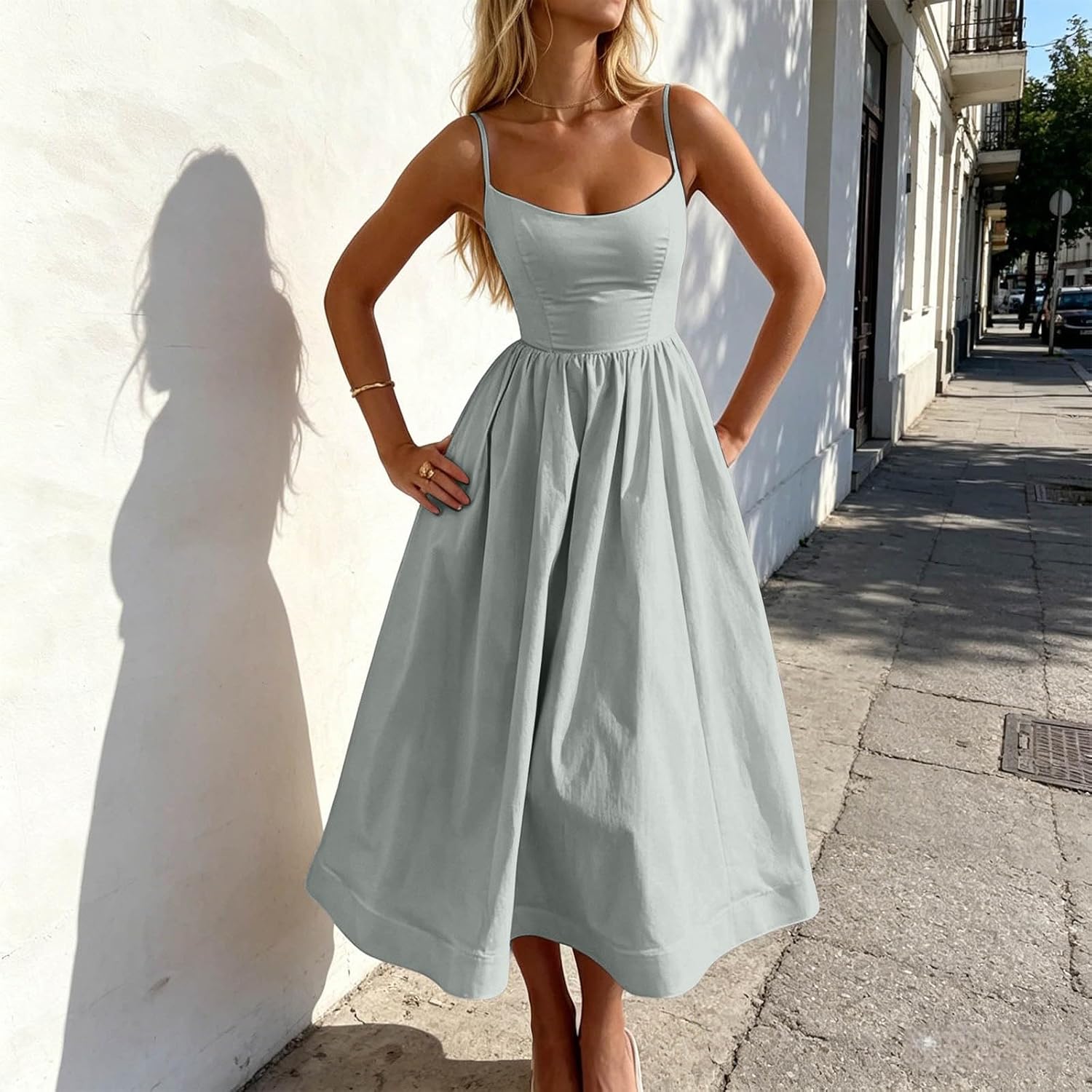 Floral Corset Dress for Women Boho Spaghetti Strap Up Midi Dresses with Pockets Low Cut Flowy Bustier Sundresses