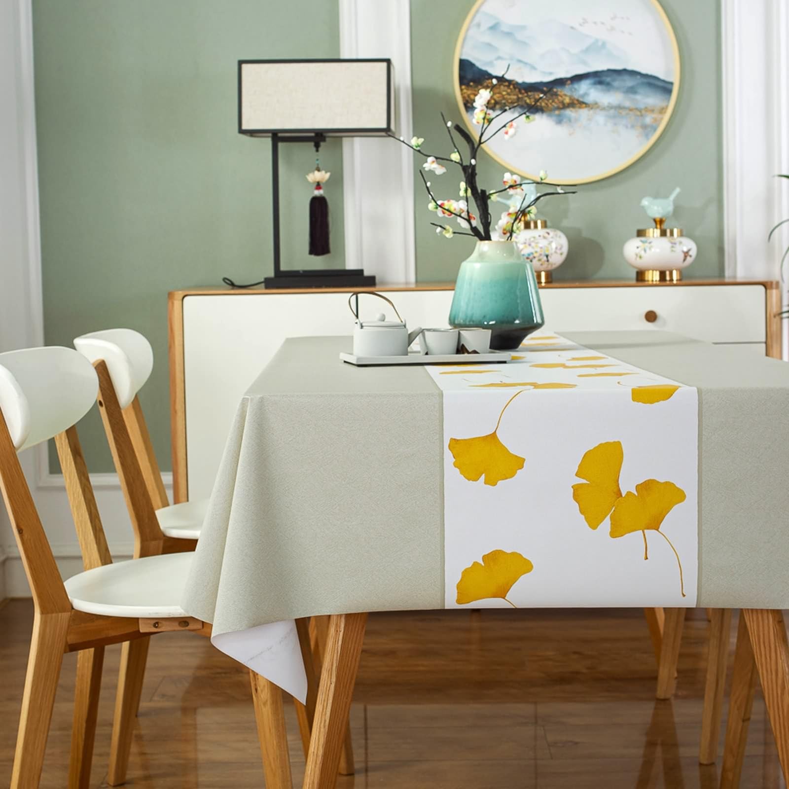 Tovaglia da Cucina Rettangolare, Tovaglie 140 x 300 cm Modello Ginkgo Biloba in PVC Tovaglia per La Decorazione della Casa CucinaBeige