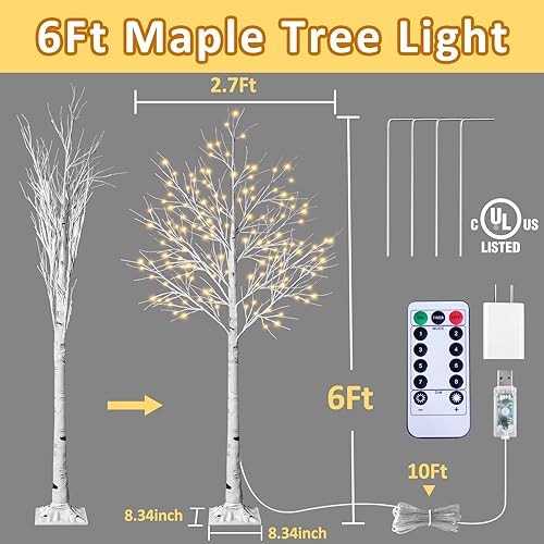 Miniatura 5 de Árbol de abedul iluminado de 6 pies, árbol de abedul Remon con 160 luces LED, control remoto, 8 modos intermitentes, temporizador regulable,