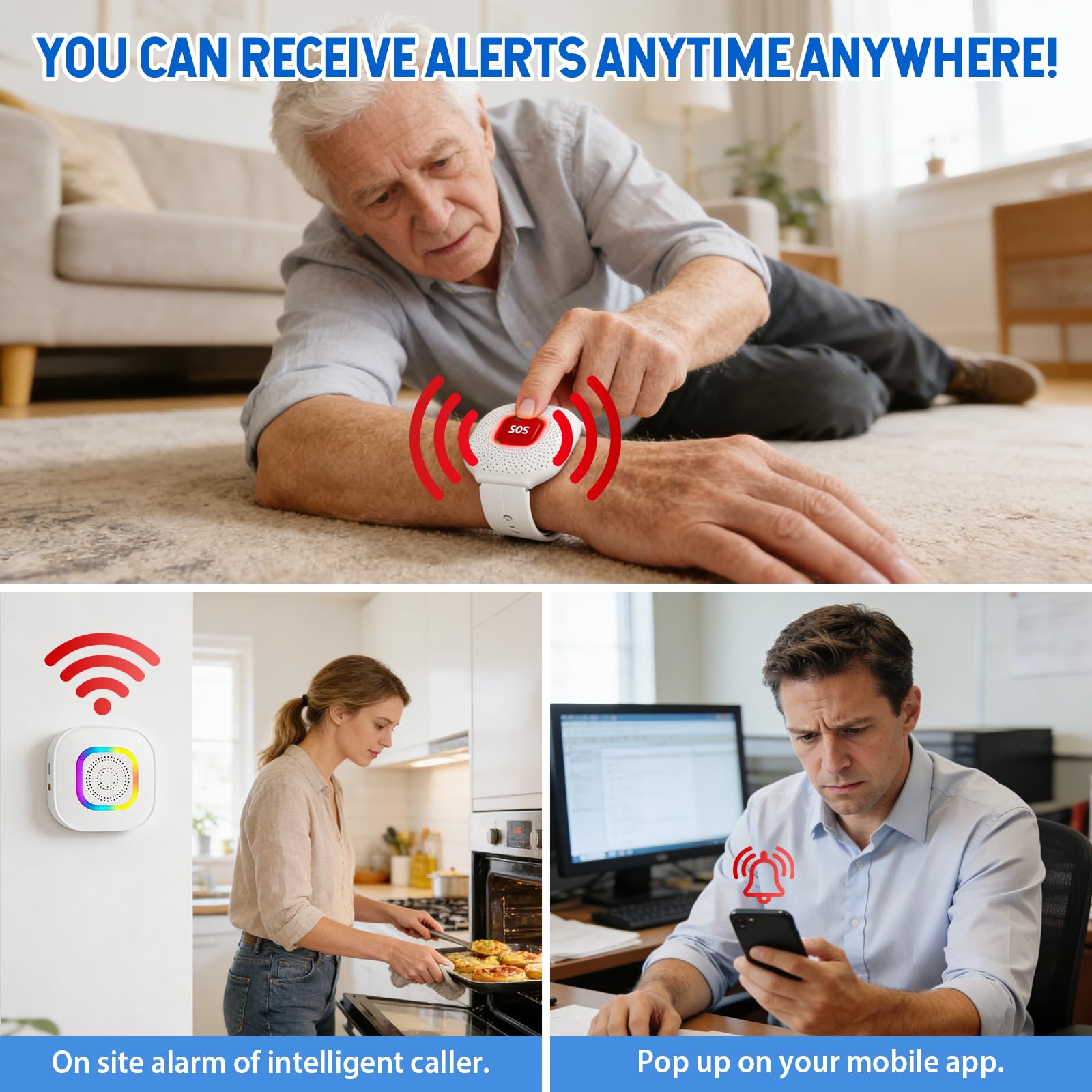Pulsante di emergenza per anziani, SOS Allarme chiamata di emergenza | WiFi Tuya Smart Senior, pulsante di emergenza per pazienti anziani disabili/bambini (1 ricevitore + 2 pulsanti + 1 bracciale)