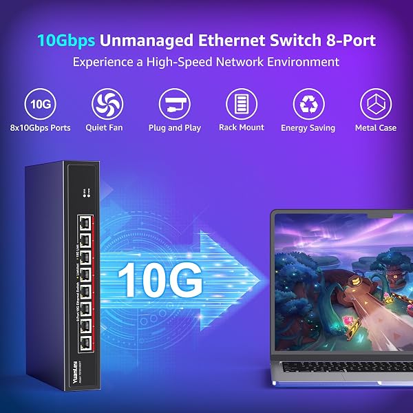 YuanLey 10G Switch Ethernet 8 Ports RJ45 10Gbps, Supportant la Vitesse 10G/5G/2.5G/1G/100M Auto-Négociation, Capacité de Commutation 160G, Commutateur Non Administré, Montable en Rack, Plug and Play - 2