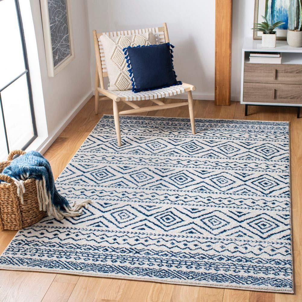 SAFAVIEH Area Rug 10x13 - Tulum Collection - Large - Ivory & Navy, Moroccan Boho Distressed Design, Non-Shedding & Easy to Clean, Ideal for Living Room, Bedroom, Dining Space (TUL267C)