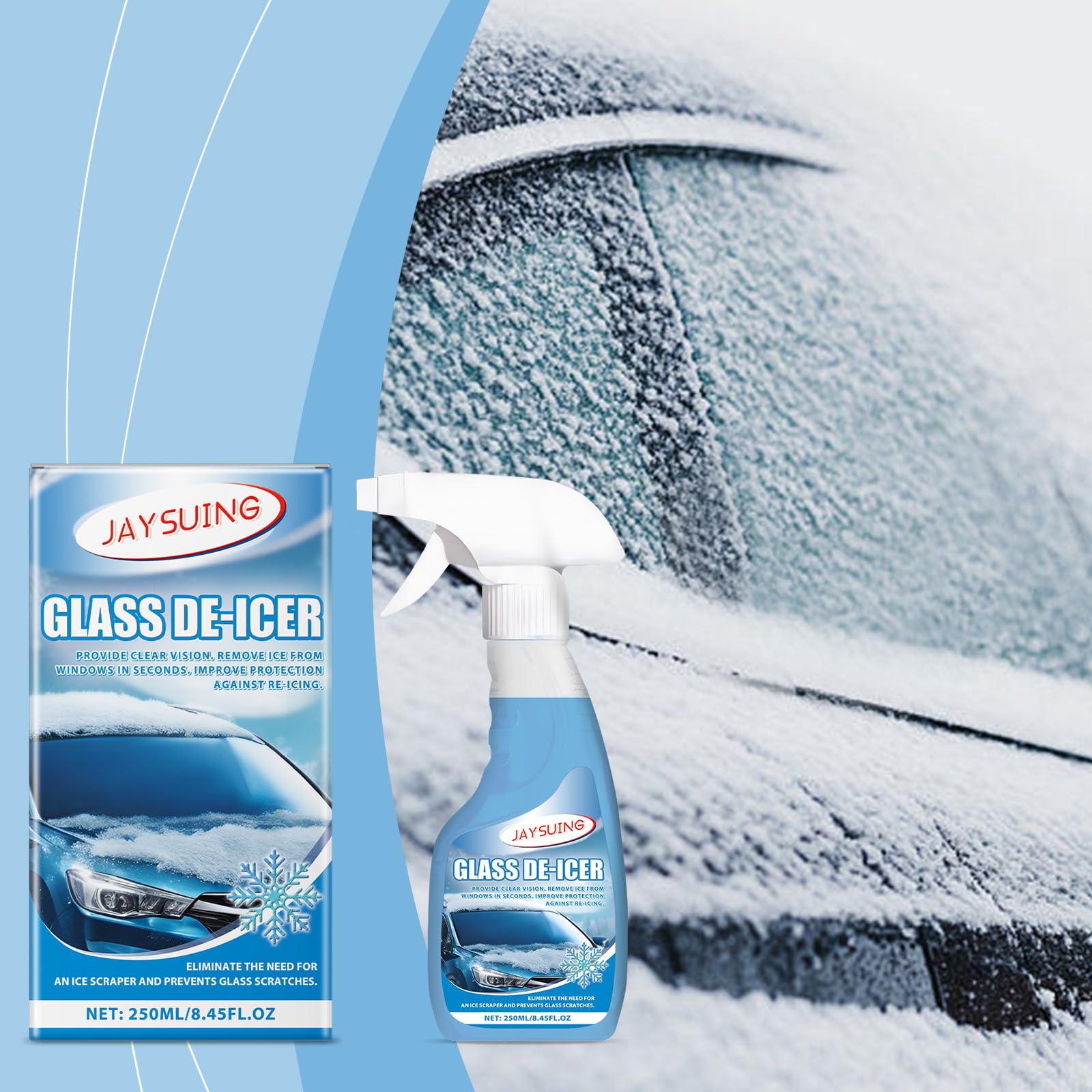 Windshield De-Icer Spray - Melts Ice Frost & Snow Fast - Ideal for Car Windscreens, Mirrors, Headlights, Locks & Gates - Prevent Re Freezing, De-icer Windshield Trigger Spray (250ML)