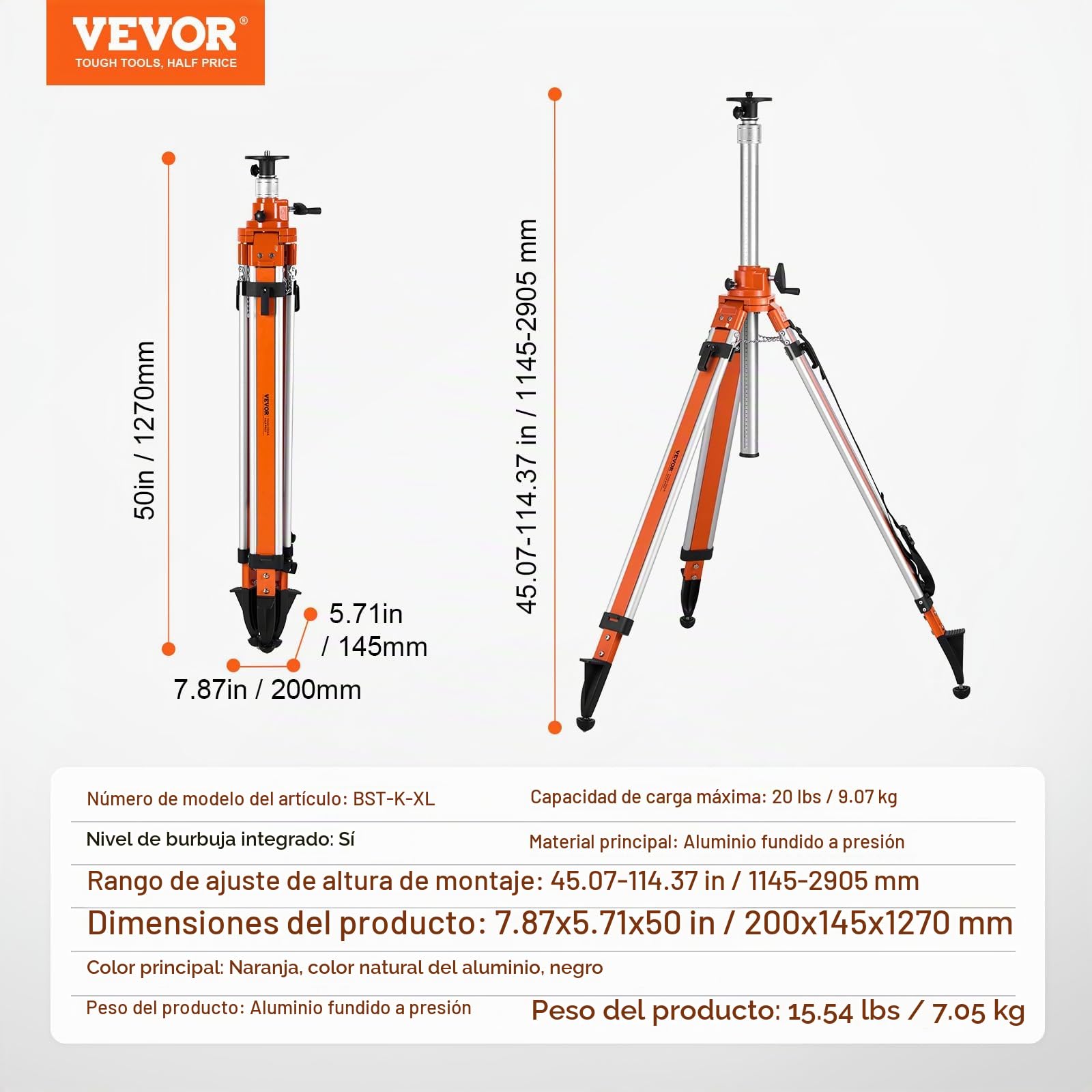 VEVOR Trípode para Nivel Láser Resistente, Ajuste de Altura de 1145-2905 mm, con Burbuja de Nivel y Limitador de Difusión, Pies Antideslizantes Elevables para Construcción, 200 x 145 x 1270 mm