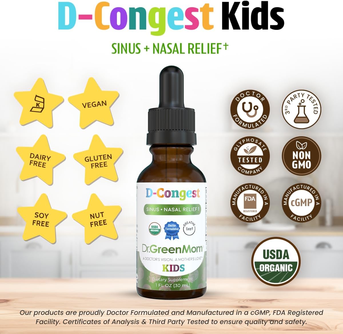 Dr. Green Mom D-Congest Kids - Organic Kids Sinus Support Drops | Drug-Free Herbal Supplement for Children's Stuffy Nose, Nasal & Respiratory Health | USDA Organic, Non-GMO