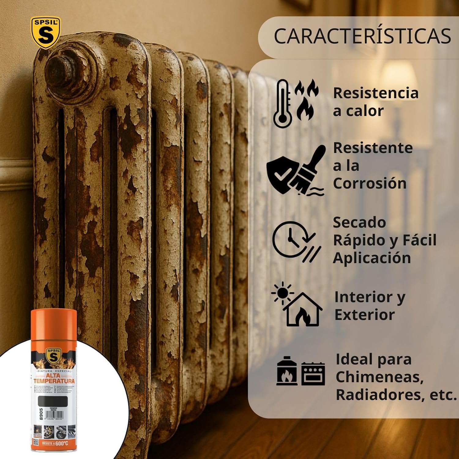 SPSIL Spray Pintura Temperatura Anticalorica Negro 400ml (pack of 6),Protección Anticorrosión para Radiadores, Motores, Parrillas y Más,Pintura para Coche y Moto,Resistencia 600°C