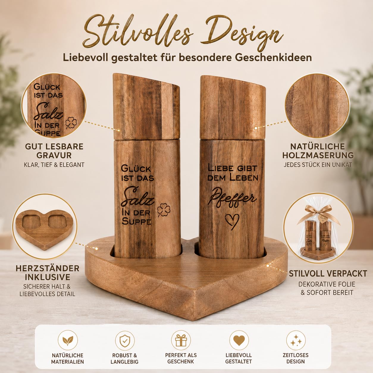 Hochzeitsgeschenk Salz und Pfeffermühle Holz Set – Geschenke zur Hochzeit für Brautpaar – Einzugsgeschenk Haus & Verlobung Geschenk – Hochzeitsgeschenke Ideen Holz Mühlens