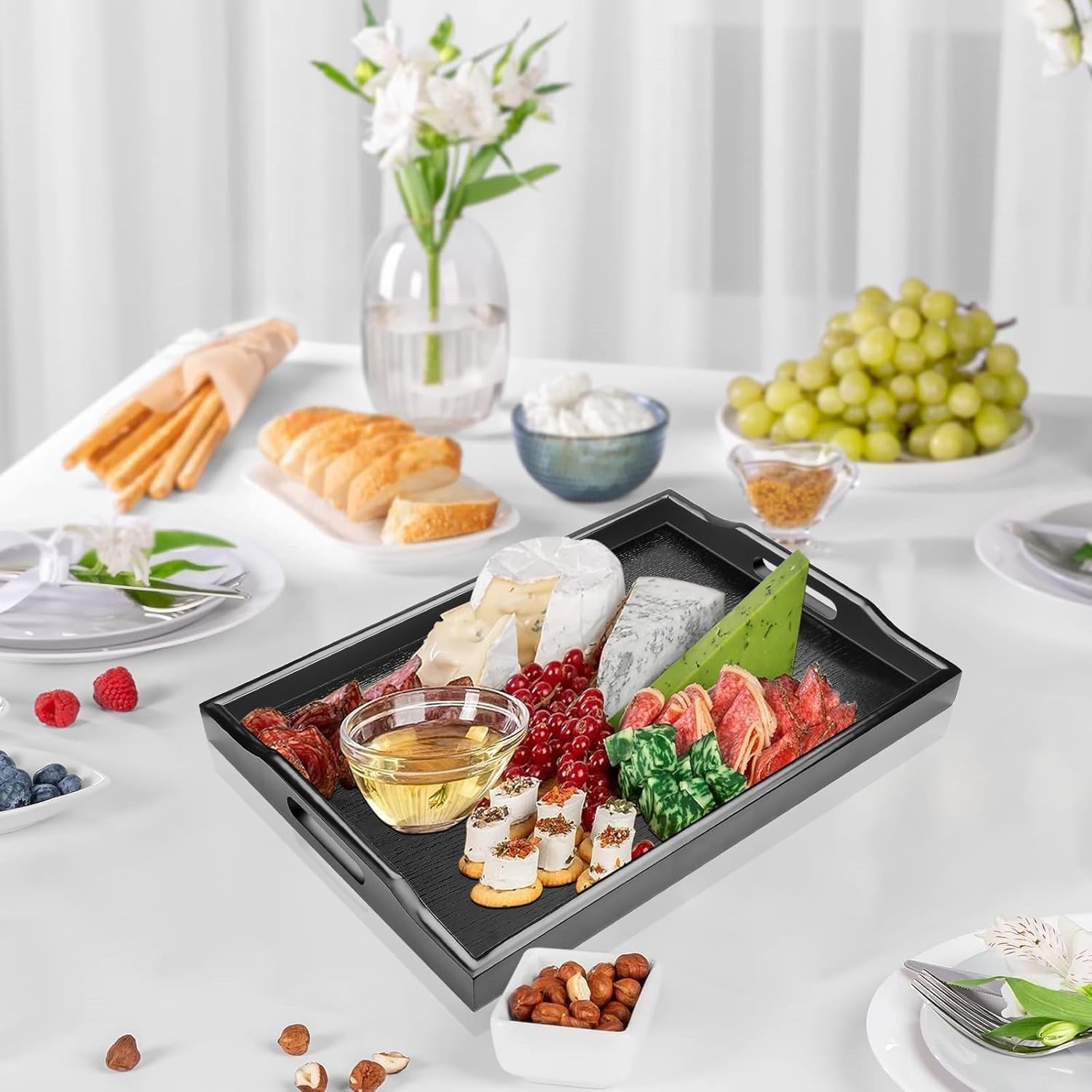 Vassoio da portata in legno, 40 x 30 cm, forma rettangolare, per tè, bevande, frutta, per servire cibo, patio, colazione, ristorante, barbecue, feste