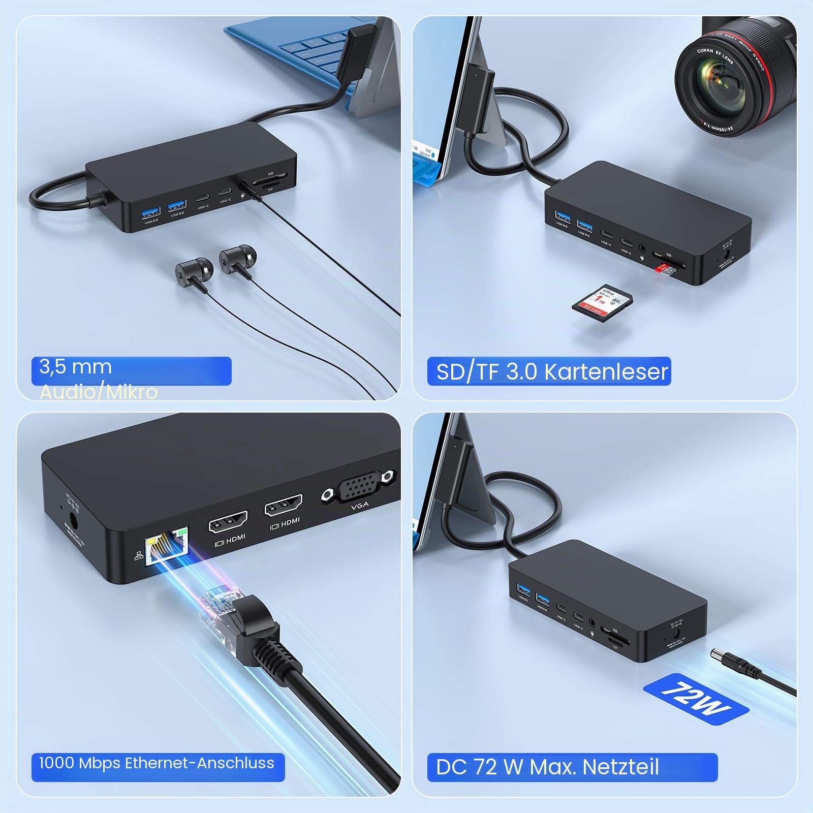 Surface Dock 2, 12-in-1 Surface Docking Station Triple Display mit Dual HDMI 4K@60HZ+VGA, Surface Dock Station für Surface Pro 11/10/9/8/X/7/6/5/4/3, Surface Laptop, Surface Book, Surface Go