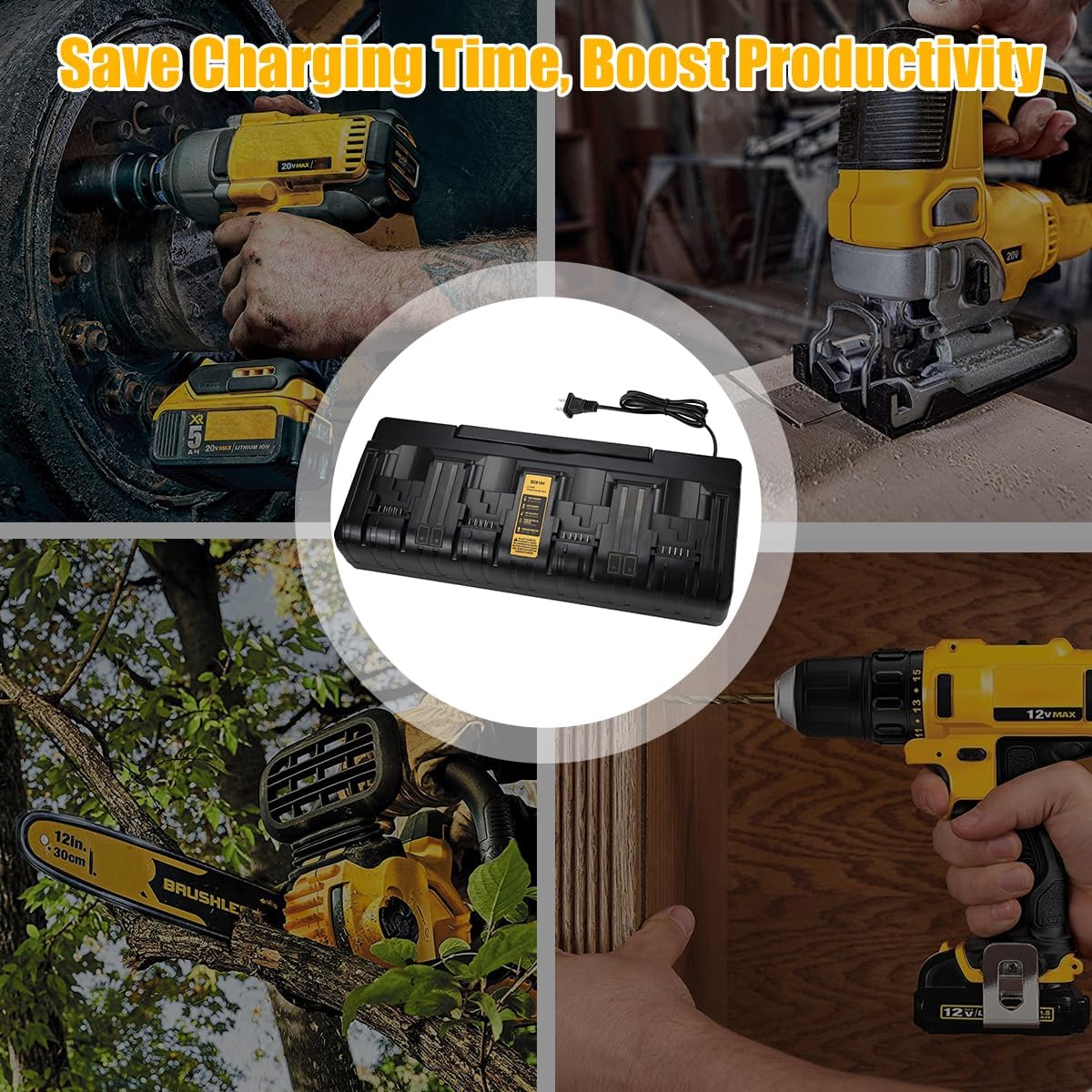 DCB104 Charger Replacement for Dewalt 20V Battery Charger, 4-Port 3A Rapid Charger Station, Compatible with Dewalt 12V/20V Max Batteries