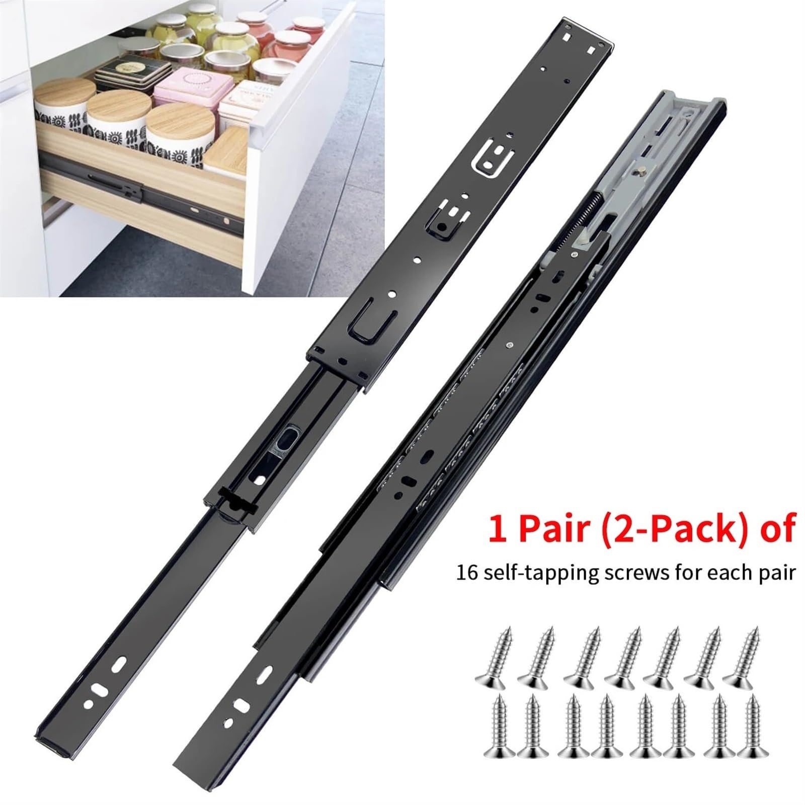 Guide per cassetti ad Estrazione Totale Guide per cassetti ad Estrazione Totale Montaggio Laterale Cuscinetti a Sfere da 10-24 Pollici Guide in Metallo Nere Guide per binari Guide per cassetti Guide