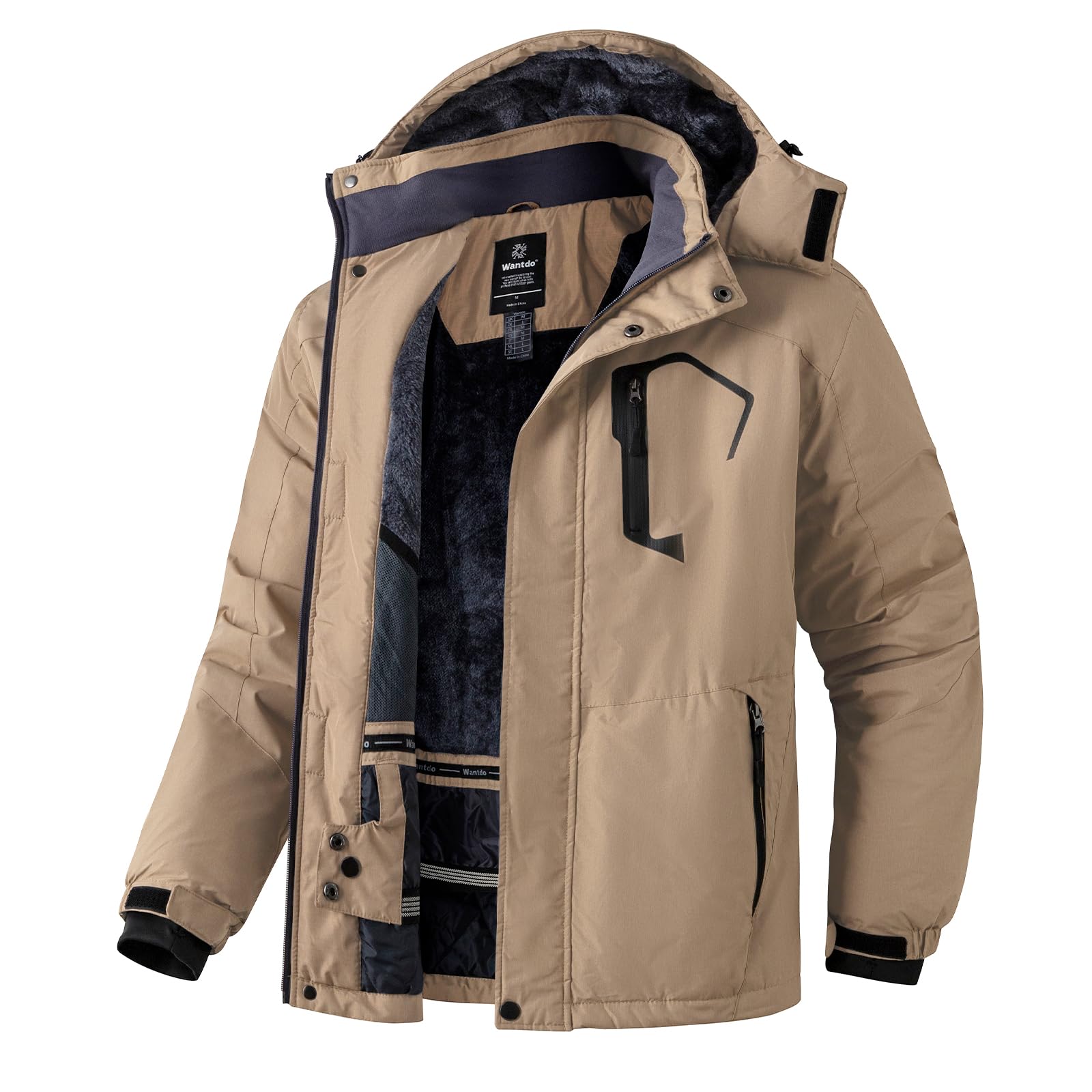 Wantdo Giacca da Sci Montagna Calda Invernale Parka da Neve Imbottita Cappotto da Snowboard in Pile Giubbotto con Cappuccio Impermeabile Uomo
